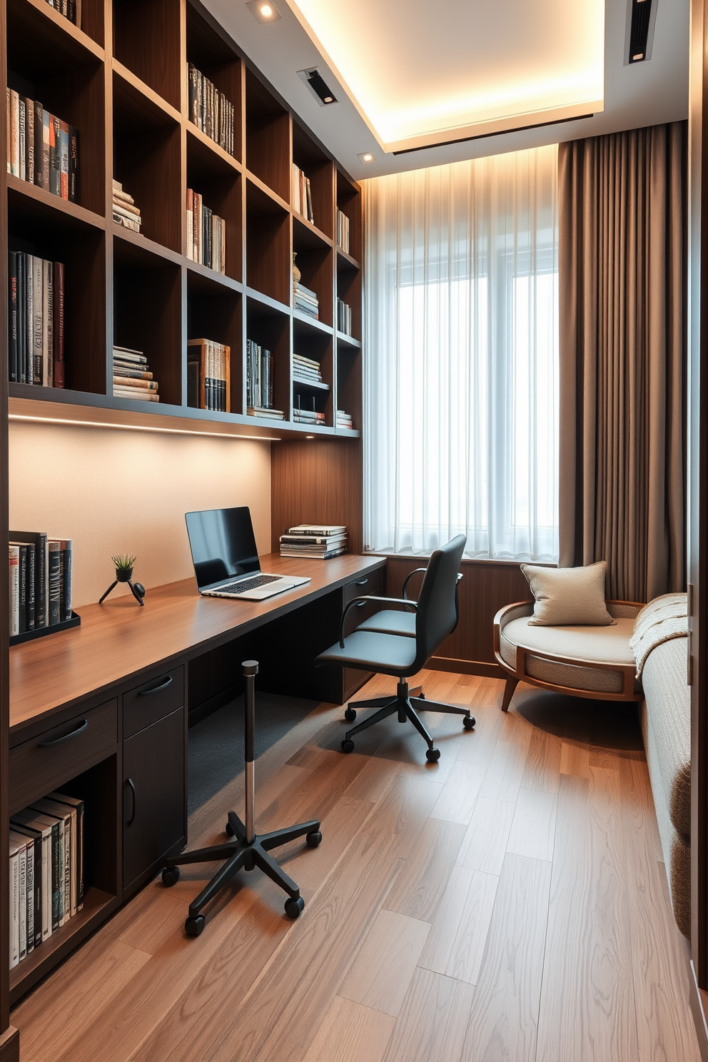 A large study room featuring multi-functional furniture designed for space efficiency. The room includes a sleek desk that doubles as a bookshelf, with ample storage for books and supplies, and a comfortable chair that can be converted into a guest bed.