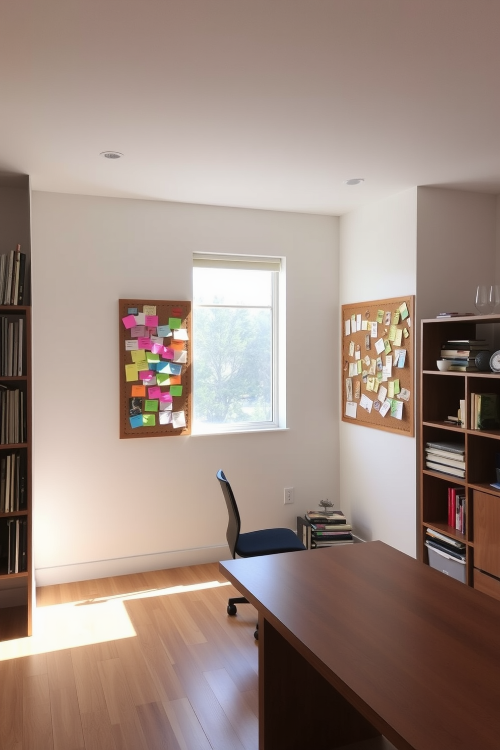 A spacious study room features a wall-mounted corkboard filled with colorful notes and ideas. The room is designed with a large wooden desk facing a window, allowing natural light to illuminate the workspace.