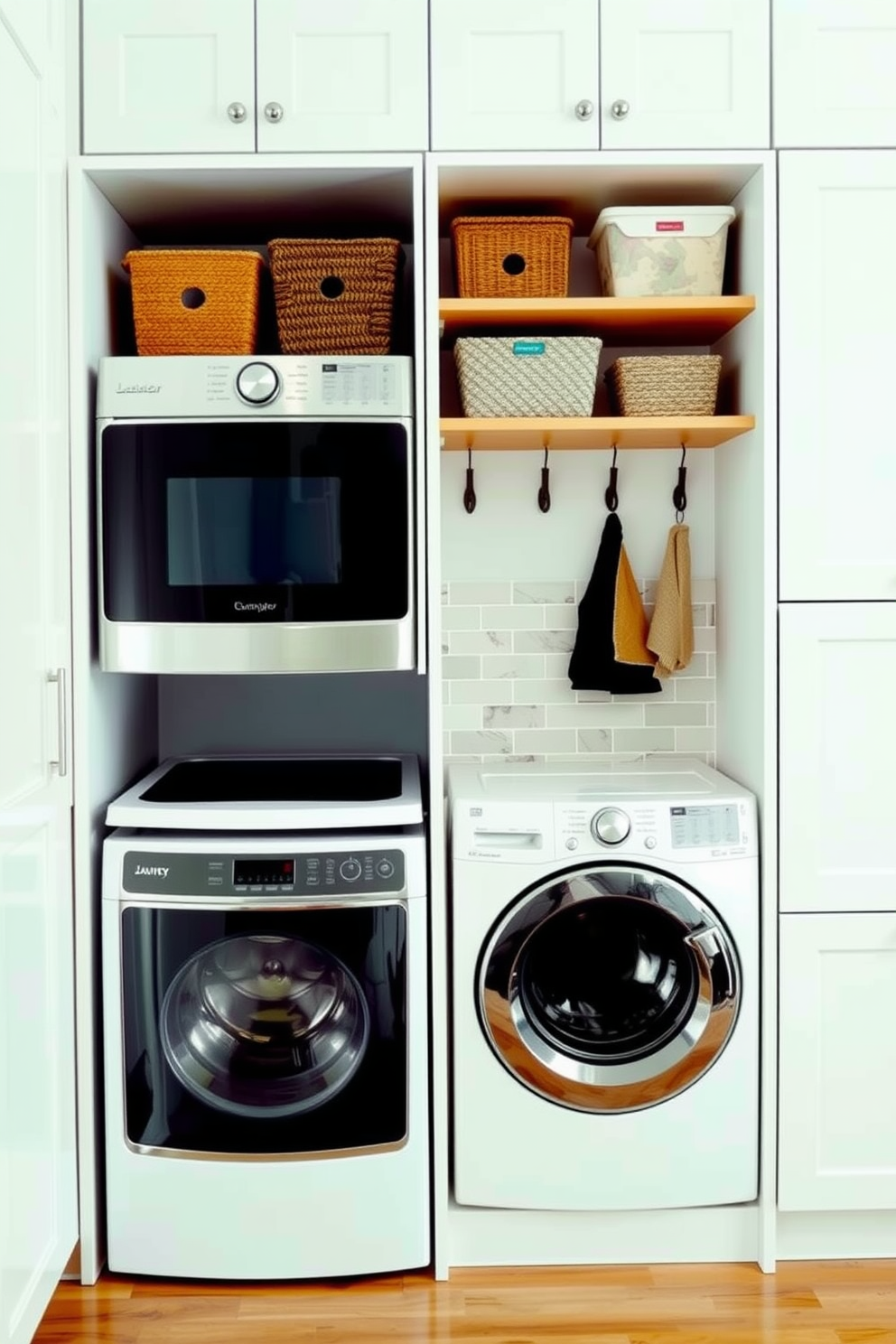 Integrated laundry appliances create a seamless look that blends functionality with style. The cabinetry is designed to match the surrounding decor, providing a cohesive aesthetic. The laundry mudroom features ample storage with built-in shelves and hooks for organization. A durable bench provides a convenient spot for removing shoes, while a stylish backsplash adds a touch of elegance.