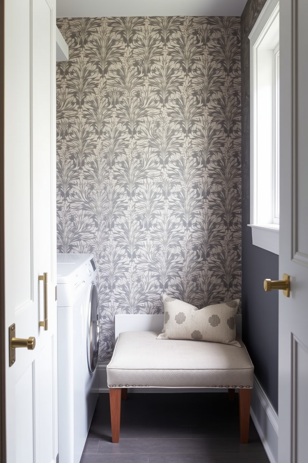 A laundry mudroom featuring statement wallpaper that adds visual interest. The space includes built-in cabinetry for storage and a stylish bench for seating.