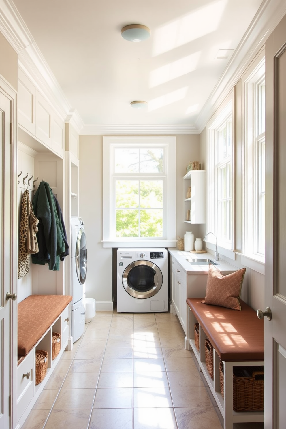 A bright and airy mudroom with natural light pouring in through large windows. The space features built-in storage benches with cushioned seating and hooks for coats, creating an inviting entryway. The floor is tiled with durable, easy-to-clean materials, while a stylish laundry area is tucked away in the corner. Organized shelves hold laundry essentials, and a cheerful color palette enhances the overall warmth of the room.