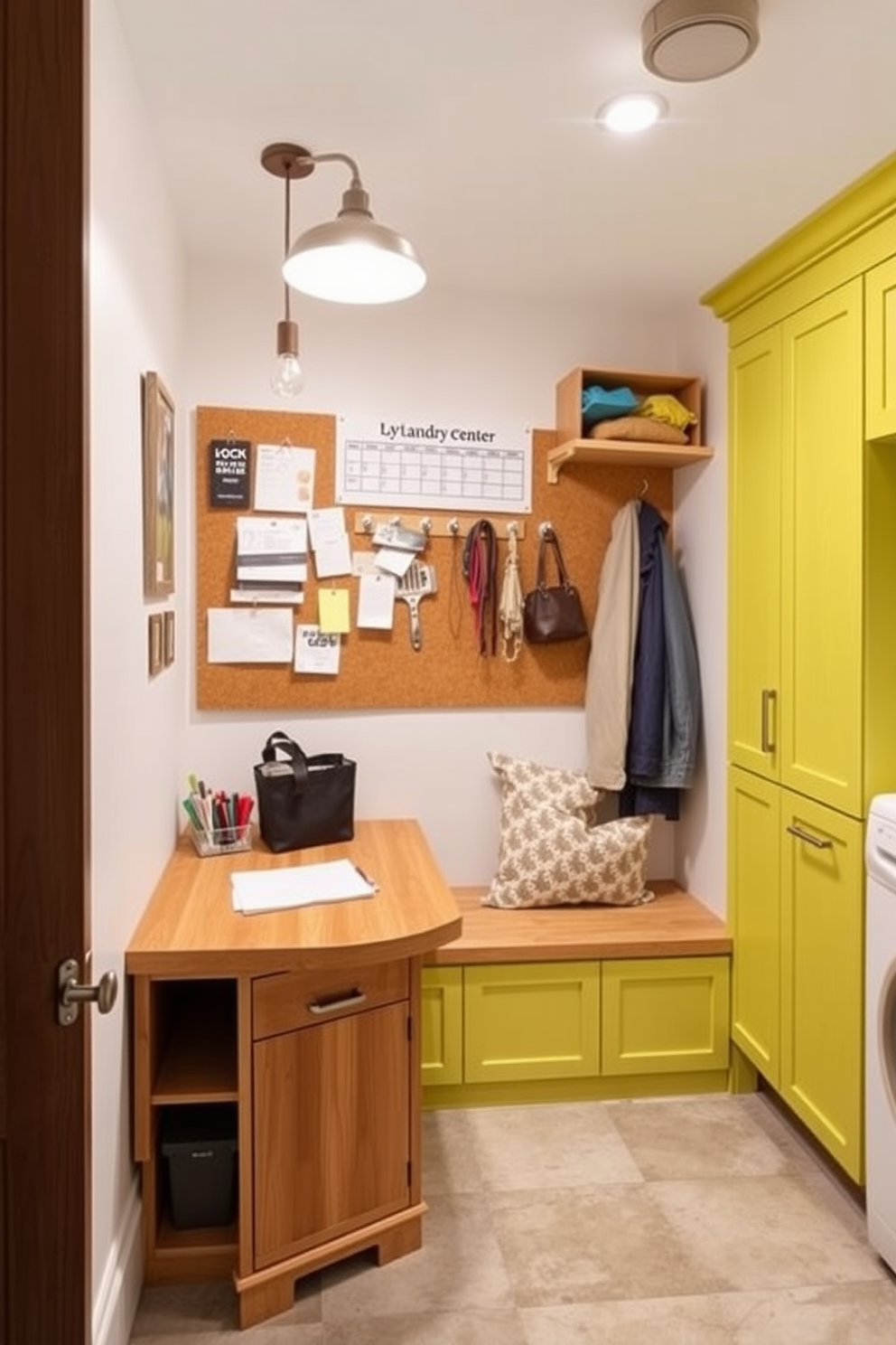 A personalized family command center area features a large wooden desk with built-in storage for mail and school supplies. Above the desk, a corkboard is pinned with family schedules and important reminders, while a stylish pendant light illuminates the space. The laundry mudroom design includes a spacious bench for seating, surrounded by hooks for coats and bags. Brightly colored cabinetry provides ample storage for laundry essentials, and a durable tile floor adds practicality to the high-traffic area.