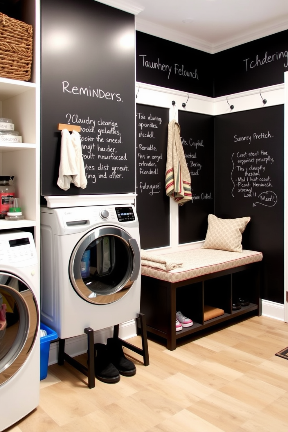 A functional laundry mudroom features a chalkboard wall for reminders and notes. The space includes built-in storage for cleaning supplies and a durable bench for easy seating while removing shoes.