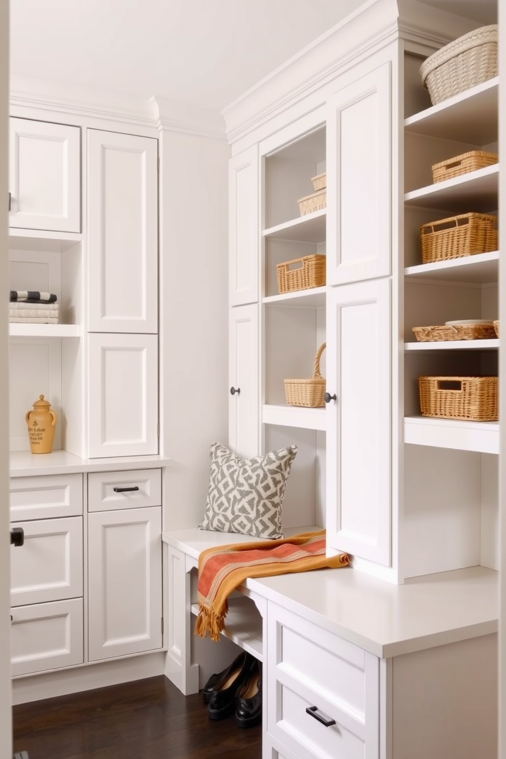 A functional laundry mudroom features a blend of open and closed cabinetry for optimal storage and organization. The space includes a large countertop for folding clothes and a stylish bench for sitting while removing shoes. The cabinetry is painted in a soft white hue, creating a bright and airy atmosphere. Decorative baskets are placed on open shelves, adding texture and a touch of warmth to the design.