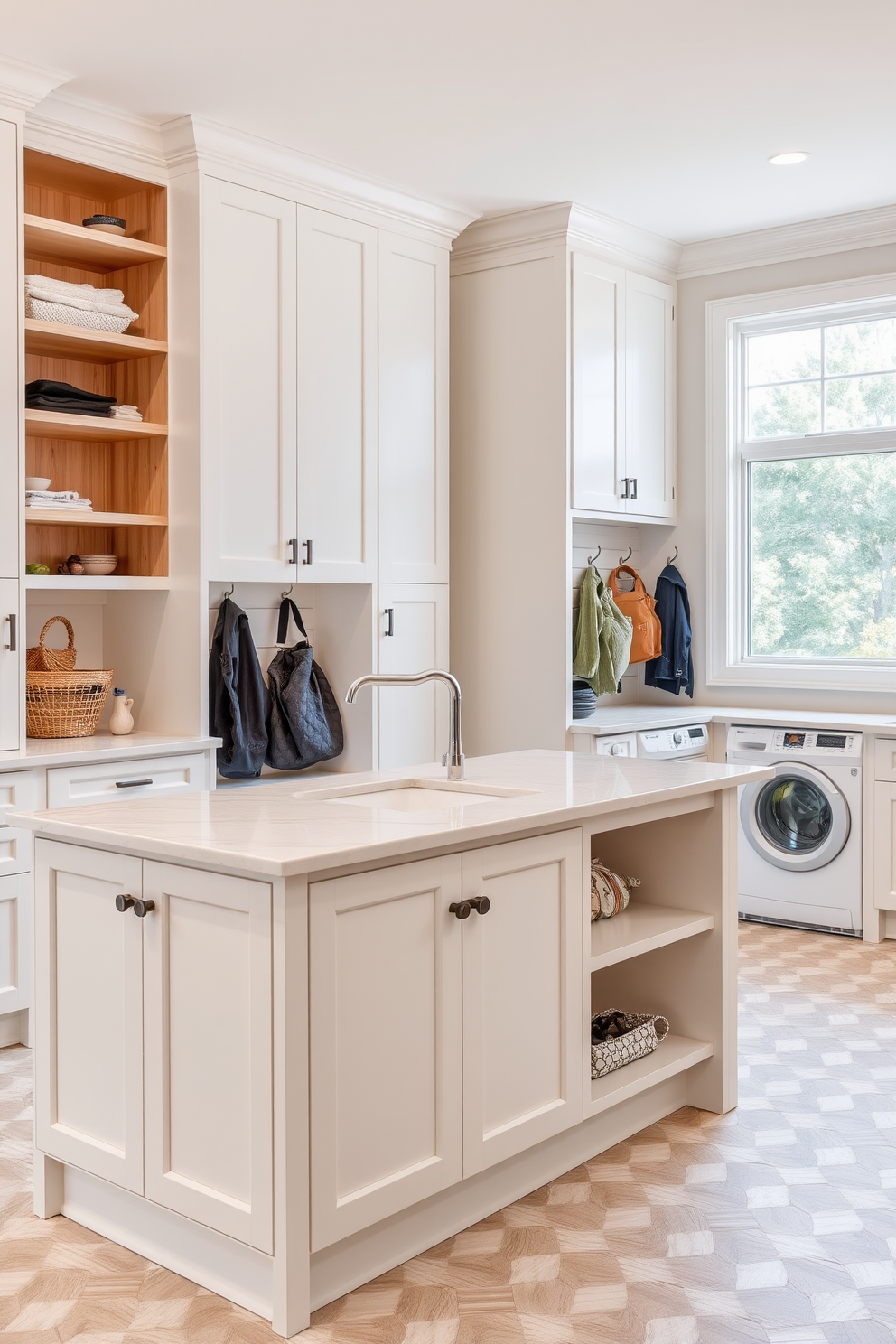 A multi-functional island designed for a modern kitchen. The island features a combination of storage cabinets and open shelving, topped with a durable quartz surface. Incorporated seating allows for casual dining or workspace. The color palette includes soft whites and warm wood tones for a welcoming feel. A laundry mudroom designed for efficiency and organization. The space includes built-in cabinetry for storage and a bench for convenience. A stylish tile floor adds durability, while a large window floods the area with natural light. Hooks and cubbies provide ample space for coats and bags.