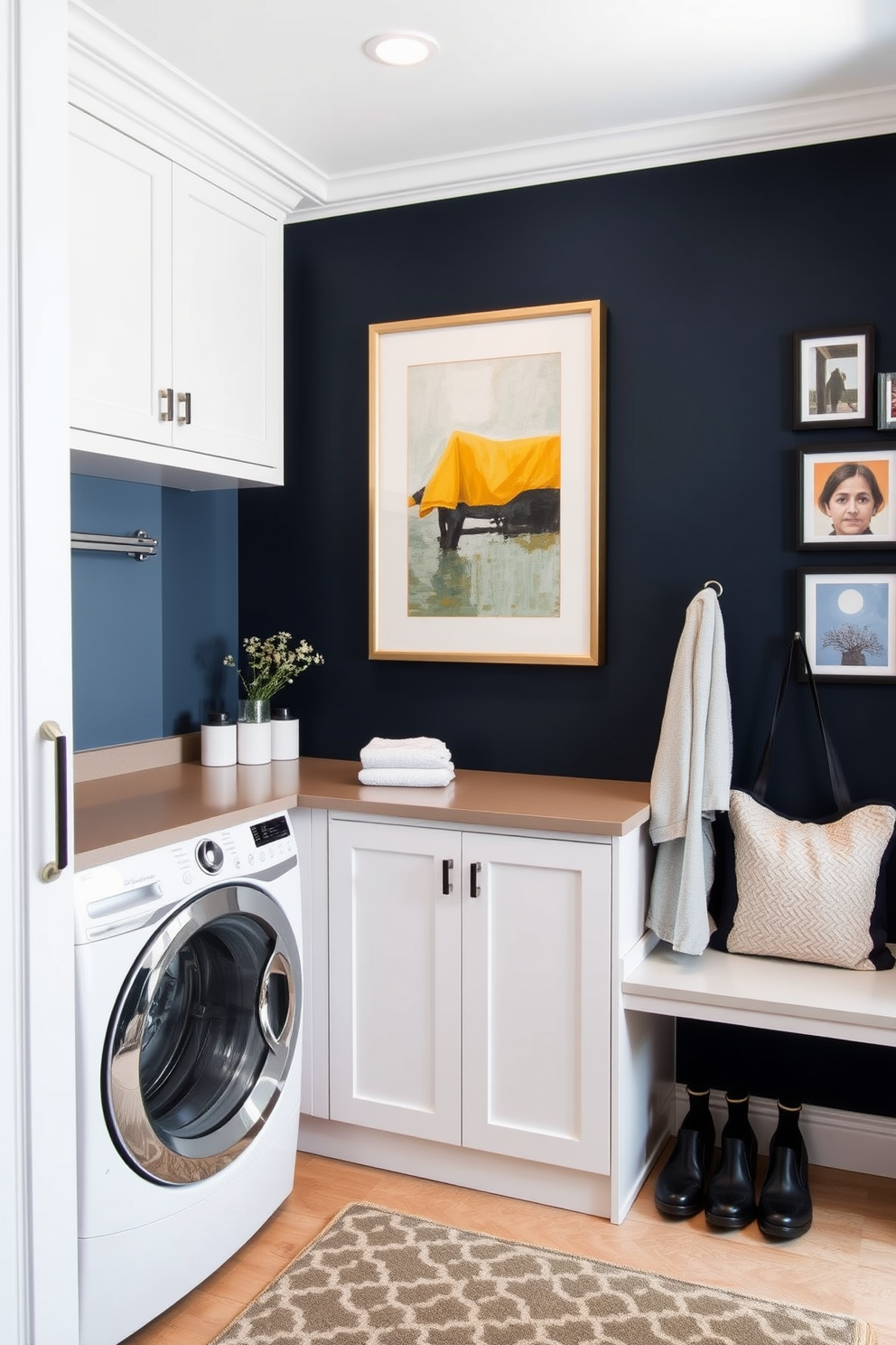 A stylish laundry mudroom combines functionality and aesthetics. The space features built-in cabinetry with a sleek countertop for folding clothes and a designated area for shoes and coats. Artwork adorns the walls, adding personality and charm to the room. A large framed piece of abstract art complements the color scheme, while smaller prints create a gallery wall effect.