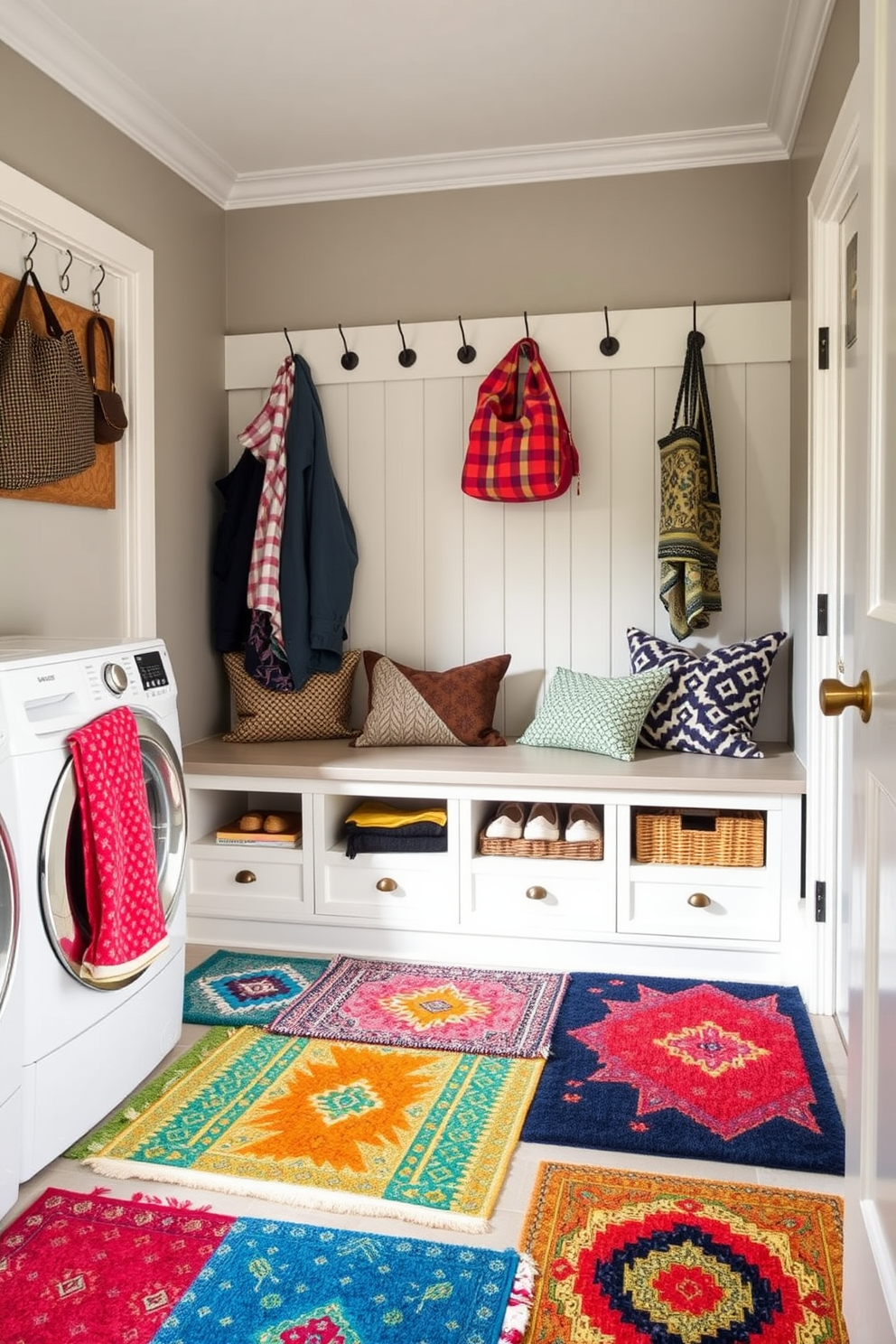 A vibrant laundry mudroom featuring colorful rugs that define the space. The walls are painted in a soft gray, complementing the bright hues of the rugs scattered across the floor. A built-in bench with storage underneath provides a practical seating area. Above the bench, hooks are installed for hanging coats and bags, adding functionality to the design.