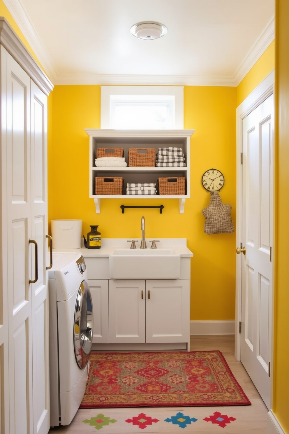 A bright and cheerful laundry mudroom features vibrant yellow walls that instantly uplift the space. The room includes a spacious white cabinet for storage, complemented by a colorful patterned rug that adds warmth and personality. A large, functional laundry sink is positioned under a window, allowing natural light to flood the area. Open shelving above the sink displays neatly folded towels and decorative baskets, enhancing both style and organization.