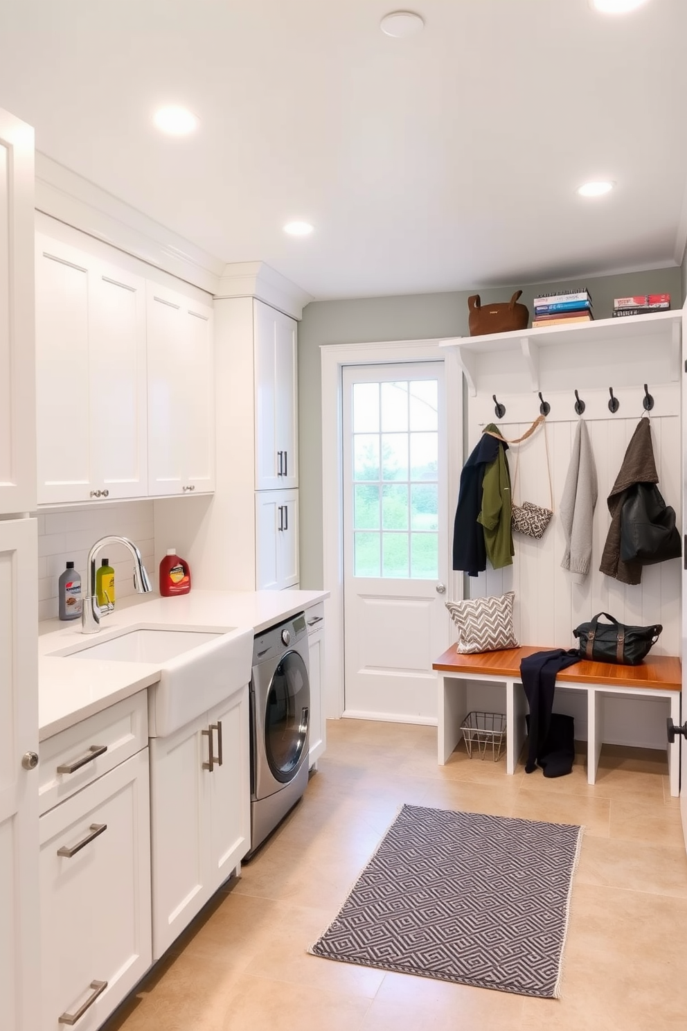 A spacious laundry mudroom with recessed lighting creates a bright and inviting atmosphere. The room features a large utility sink with a stylish faucet, surrounded by ample counter space for folding clothes. On one side, built-in cabinets provide storage for cleaning supplies and household items. A bench with hooks above offers a practical spot for coats and bags, enhancing the room's functionality.