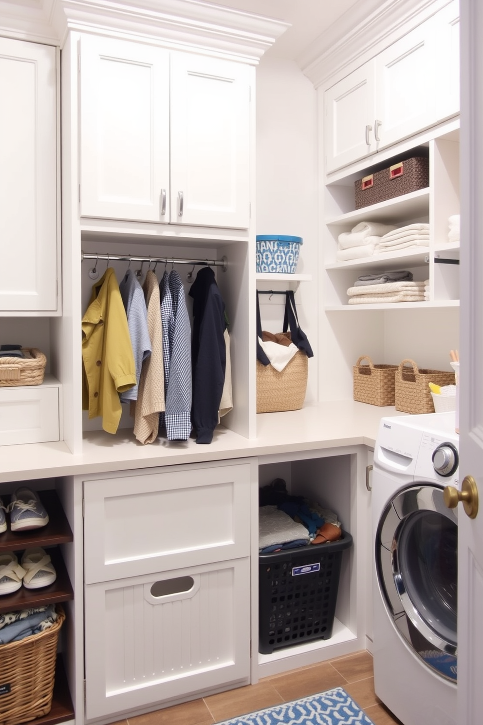 A practical and stylish laundry mudroom features built-in hampers for easy sorting of clothes. The space is designed with ample storage, including shelves and cabinets, to keep everything organized and accessible.