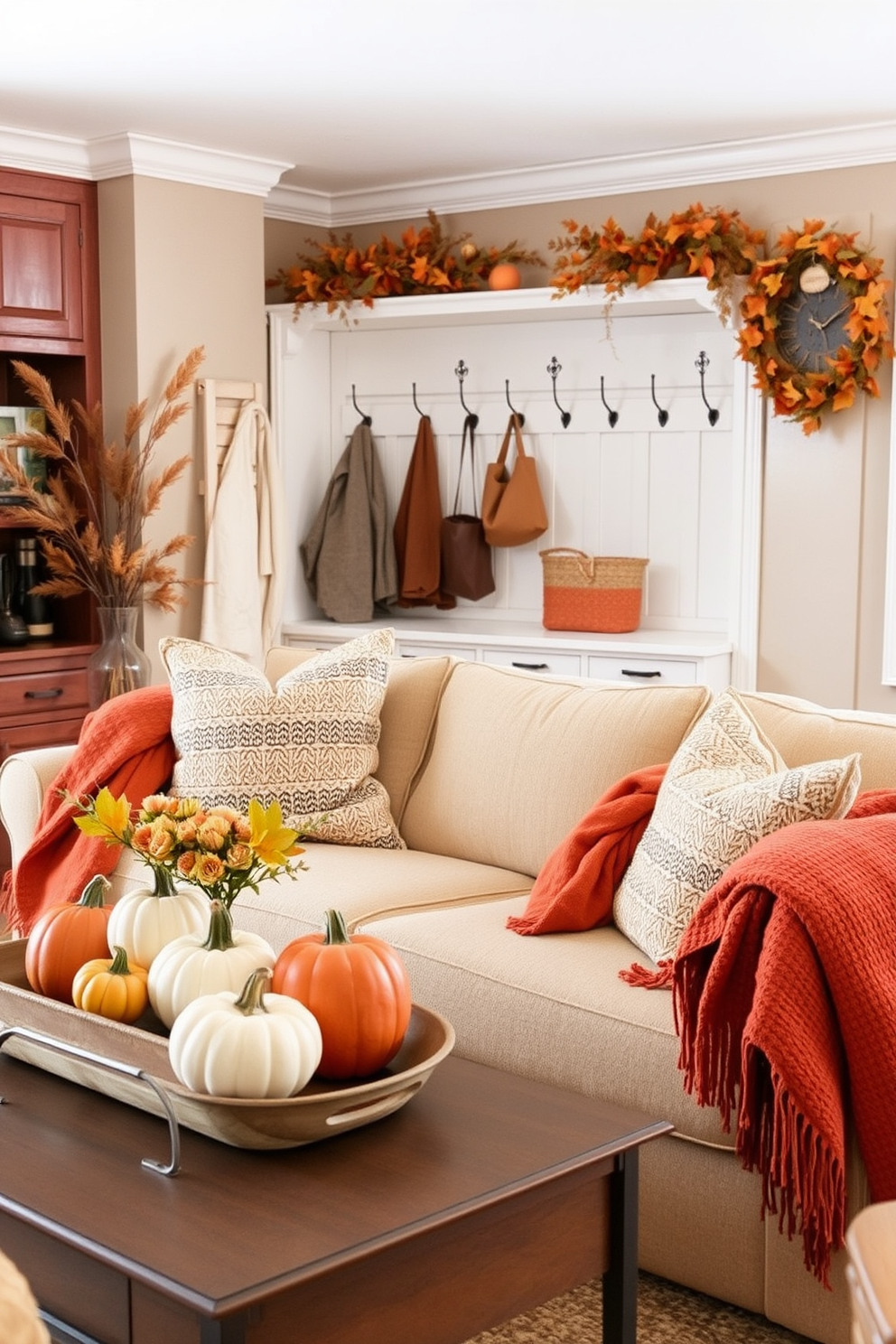 Seasonal decor to refresh the space. Imagine a cozy living room adorned with warm autumn hues. A collection of pumpkins in varying sizes is arranged on the coffee table. Soft throw blankets in rich oranges and browns are draped over the sofa. Laundry mudroom design ideas. Visualize a functional laundry space with built-in cabinetry for storage. A stylish bench with hooks above provides a perfect spot for coats and bags.