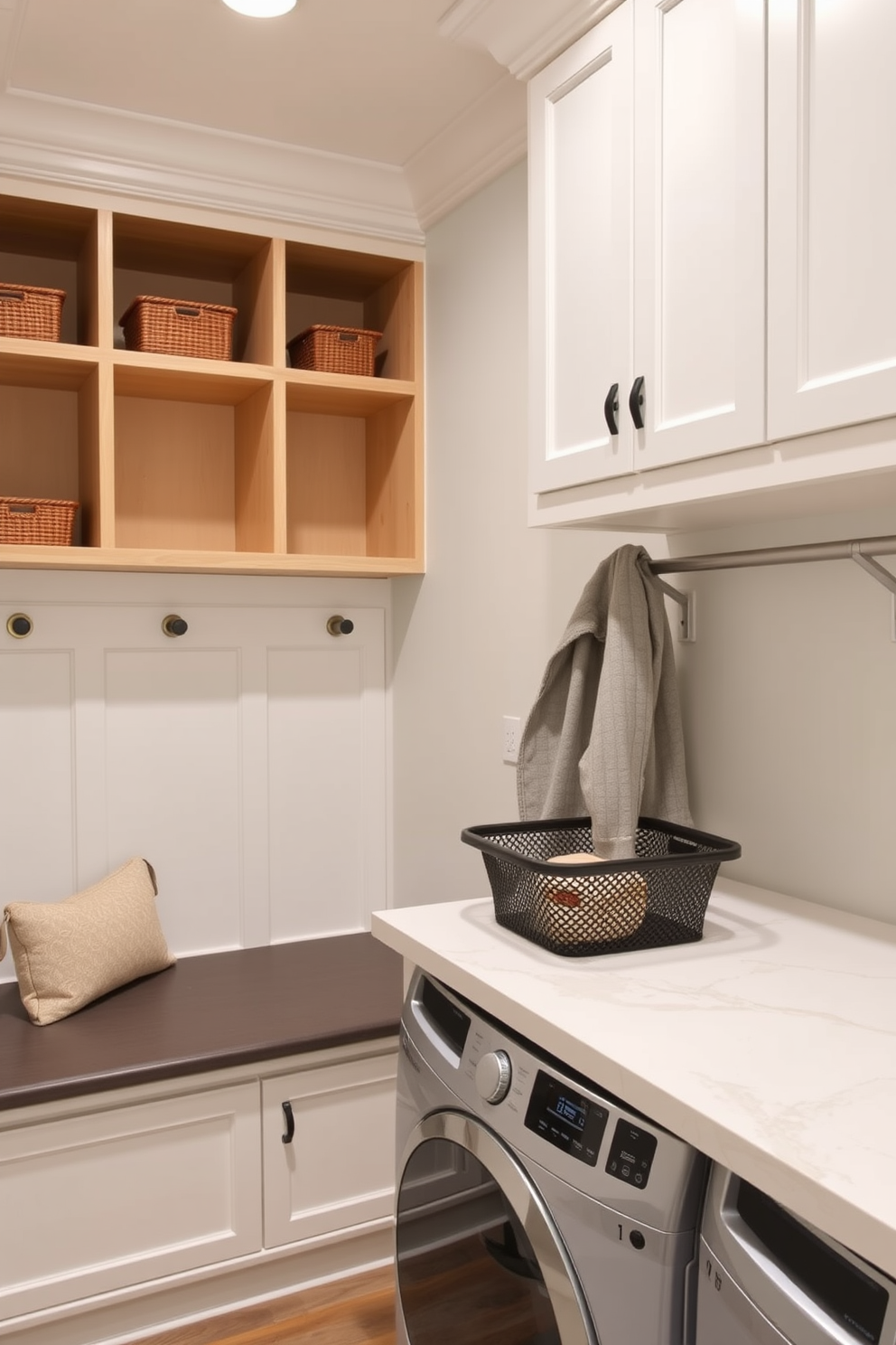 A functional laundry mudroom design featuring easy clean surfaces that enhance practicality. The space includes a built-in bench with storage cubbies above and below, paired with a durable countertop for folding laundry.