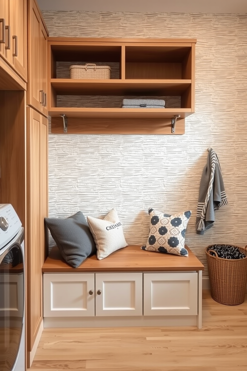 Textured wall panels create a visually striking backdrop in the laundry mudroom. The space features a combination of warm wood tones and soft neutrals, enhancing the cozy yet functional atmosphere. Incorporate built-in storage solutions with open shelving and cabinets for organization. A stylish bench with plush cushions provides a comfortable spot for putting on shoes or folding laundry.