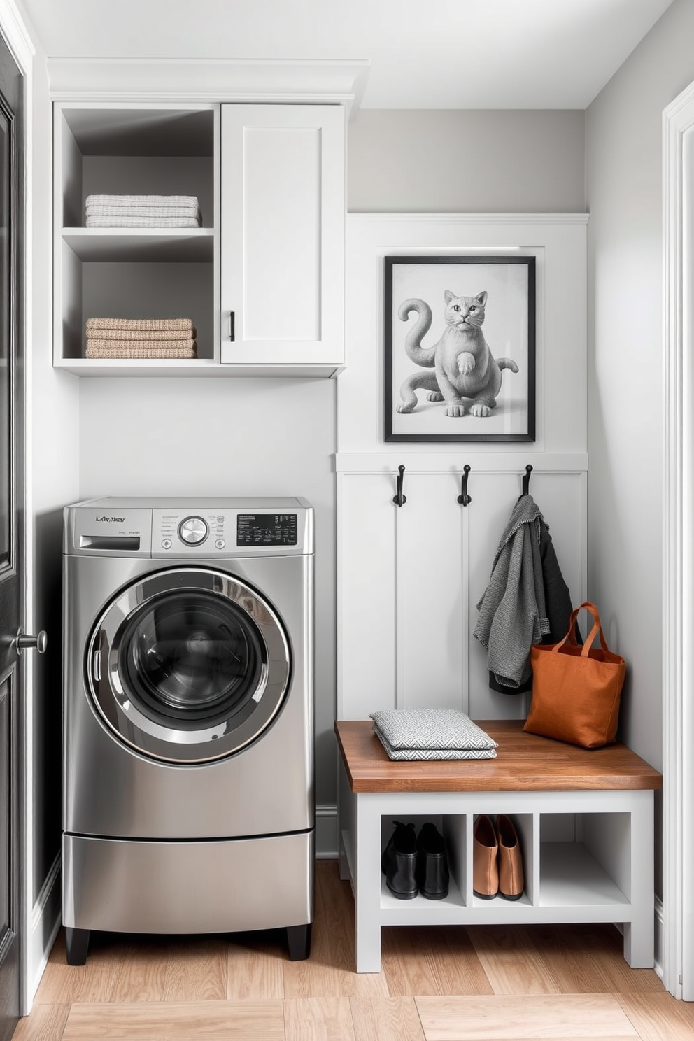 A modern laundry mudroom featuring smart technology for convenience. The space includes a sleek washer and dryer with touch controls, built-in cabinetry for storage, and a countertop for folding clothes. The walls are painted in a light gray hue, creating a bright and airy atmosphere. A bench with built-in hooks for coats and bags adds functionality, while a small potted plant brings a touch of nature indoors.