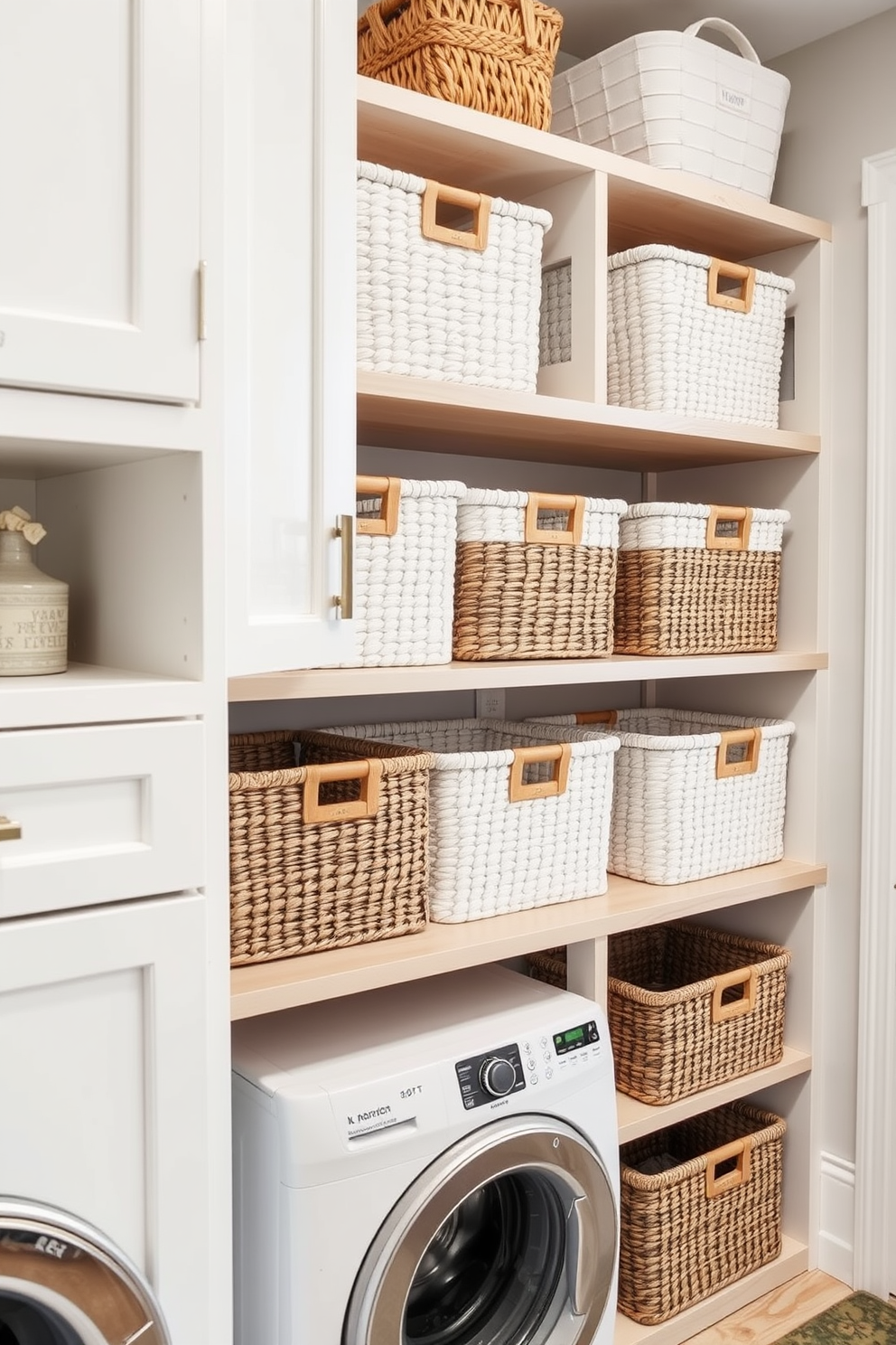 Stylish storage baskets are arranged neatly on wooden shelves in a well-organized laundry mudroom. The space features a combination of open shelving and closed cabinets, with a soft color palette of whites and grays to create a calming atmosphere.