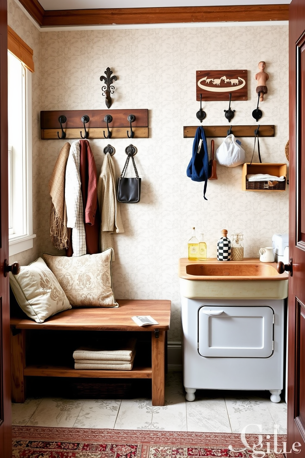 A cozy laundry mudroom features vintage accents that add a charming touch. The space includes a rustic wooden bench with soft cushions and a collection of antique hooks for hanging coats and bags. The walls are adorned with a soft pastel wallpaper that complements the wooden elements. A vintage wash basin is positioned next to a modern washer and dryer, blending old-world charm with contemporary functionality.