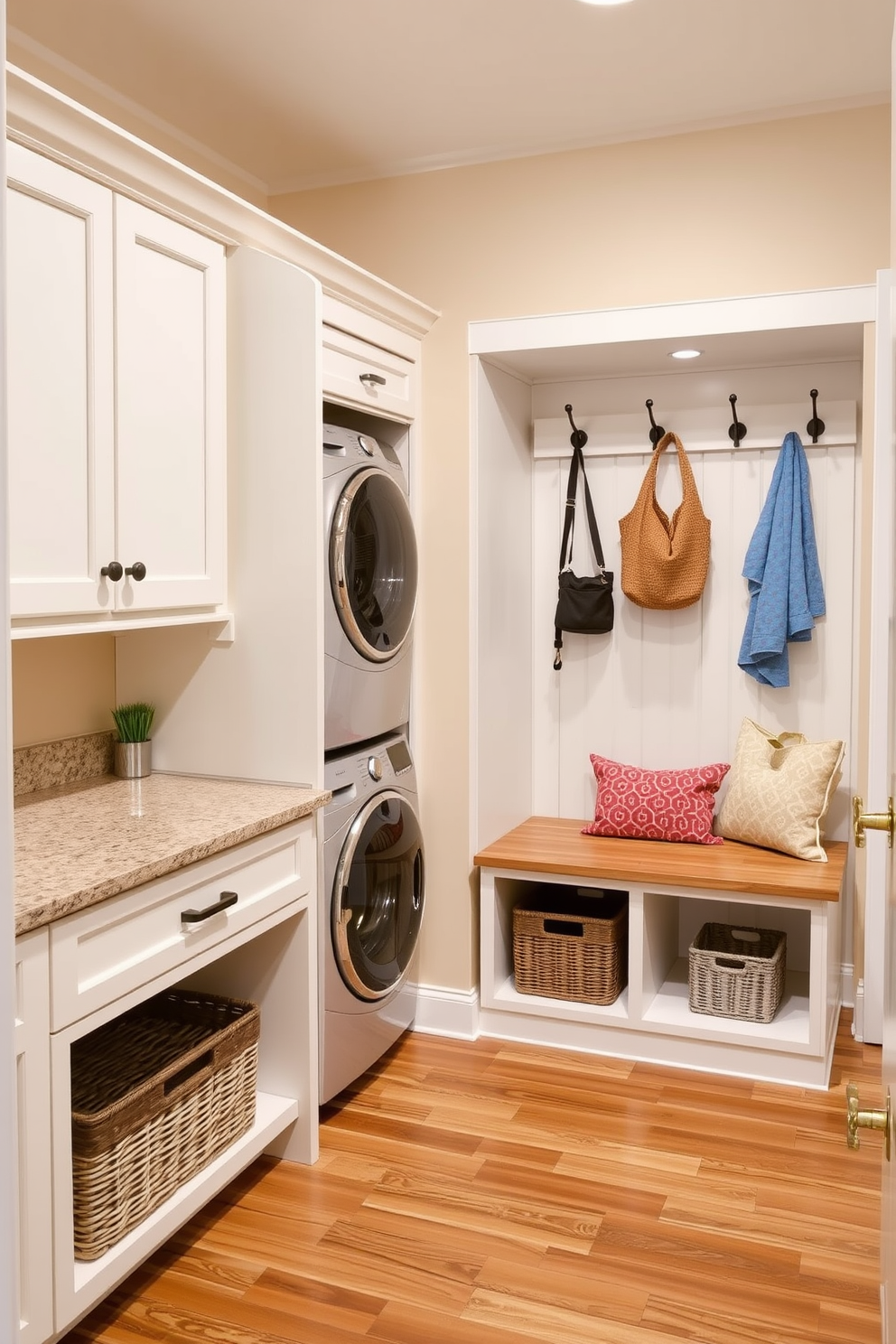 A functional folding station is designed with a spacious countertop that provides ample space for sorting and folding laundry. The area features built-in storage cabinets for organizing supplies, and the walls are painted in a soft, inviting color to create a warm atmosphere. Adjacent to the folding station, the mudroom includes a bench with hooks above for hanging coats and bags. Durable flooring is chosen for easy cleaning, while decorative baskets are placed underneath the bench for additional storage.