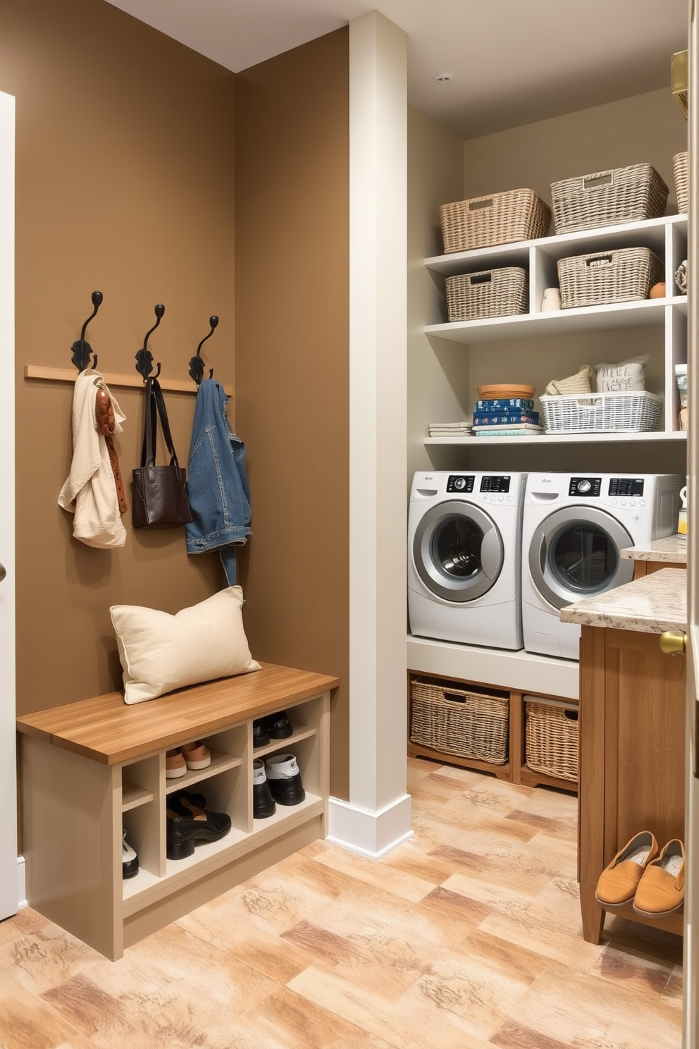 A stylish mudroom features a built-in bench with ample shoe storage underneath. The walls are painted in a warm taupe, and decorative hooks are mounted for hanging coats and bags. Adjacent to the mudroom, a functional laundry area showcases a stacked washer and dryer with a countertop for folding clothes. Shelving above the appliances is filled with neatly arranged baskets and laundry essentials, creating an organized and inviting space.