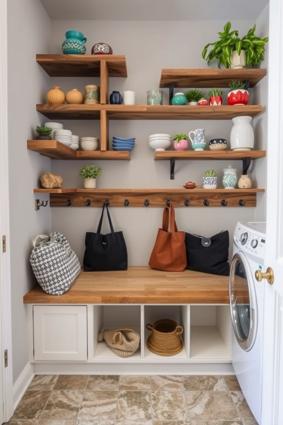 Open shelving for decorative display. The shelves are made of reclaimed wood and are arranged asymmetrically on the wall, adorned with an array of colorful ceramics and potted plants. Laundry mudroom design ideas. The space features a built-in bench with storage below, surrounded by hooks for coats and bags, with a stylish tile floor that complements the soft gray walls.