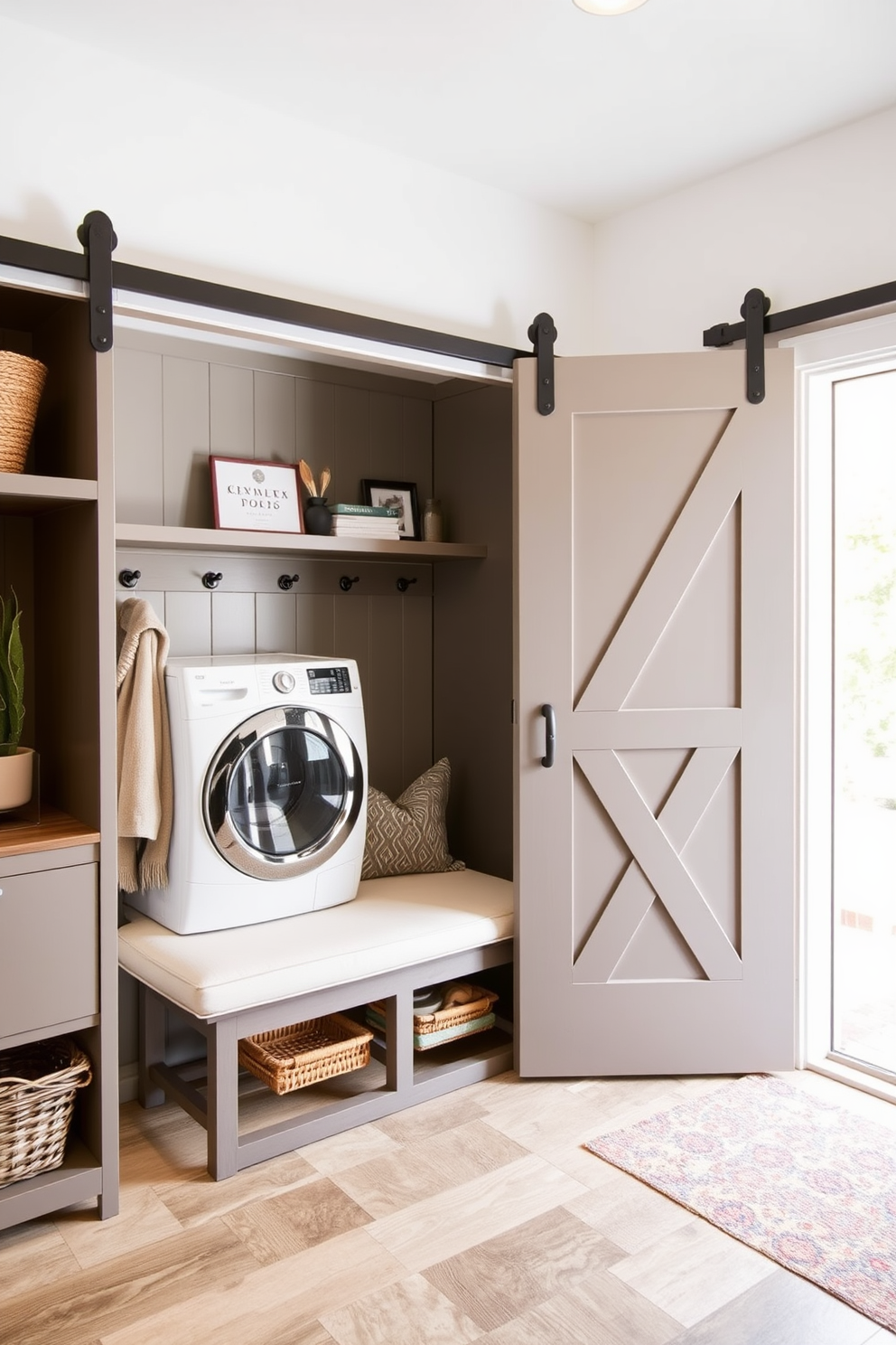 A stylish laundry mudroom featuring a sliding barn door that seamlessly blends functionality with aesthetic appeal. The space includes built-in cabinetry for storage, a bench for seating, and a combination of durable flooring and decorative elements that enhance the overall design.