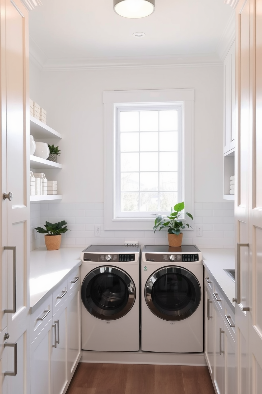 Bright white cabinets create a clean and airy atmosphere in the laundry room. The space features a sleek countertop for folding clothes and a stylish backsplash that adds a touch of elegance. Soft lighting illuminates the room, highlighting the organized shelves filled with baskets and supplies. A functional sink is integrated into the design, making laundry tasks more convenient and efficient.