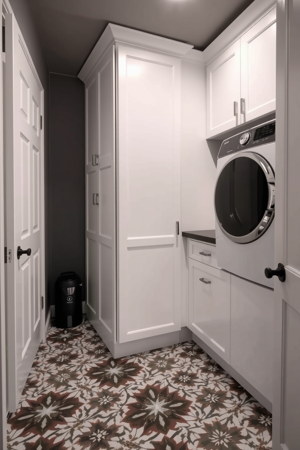 A bright and functional laundry room with LED lighting installed in the ceiling. The space features white cabinetry for storage and a large countertop for folding clothes. In the basement, the laundry area is designed with a modern aesthetic. The walls are painted a light gray, and the flooring is a durable vinyl that mimics wood.