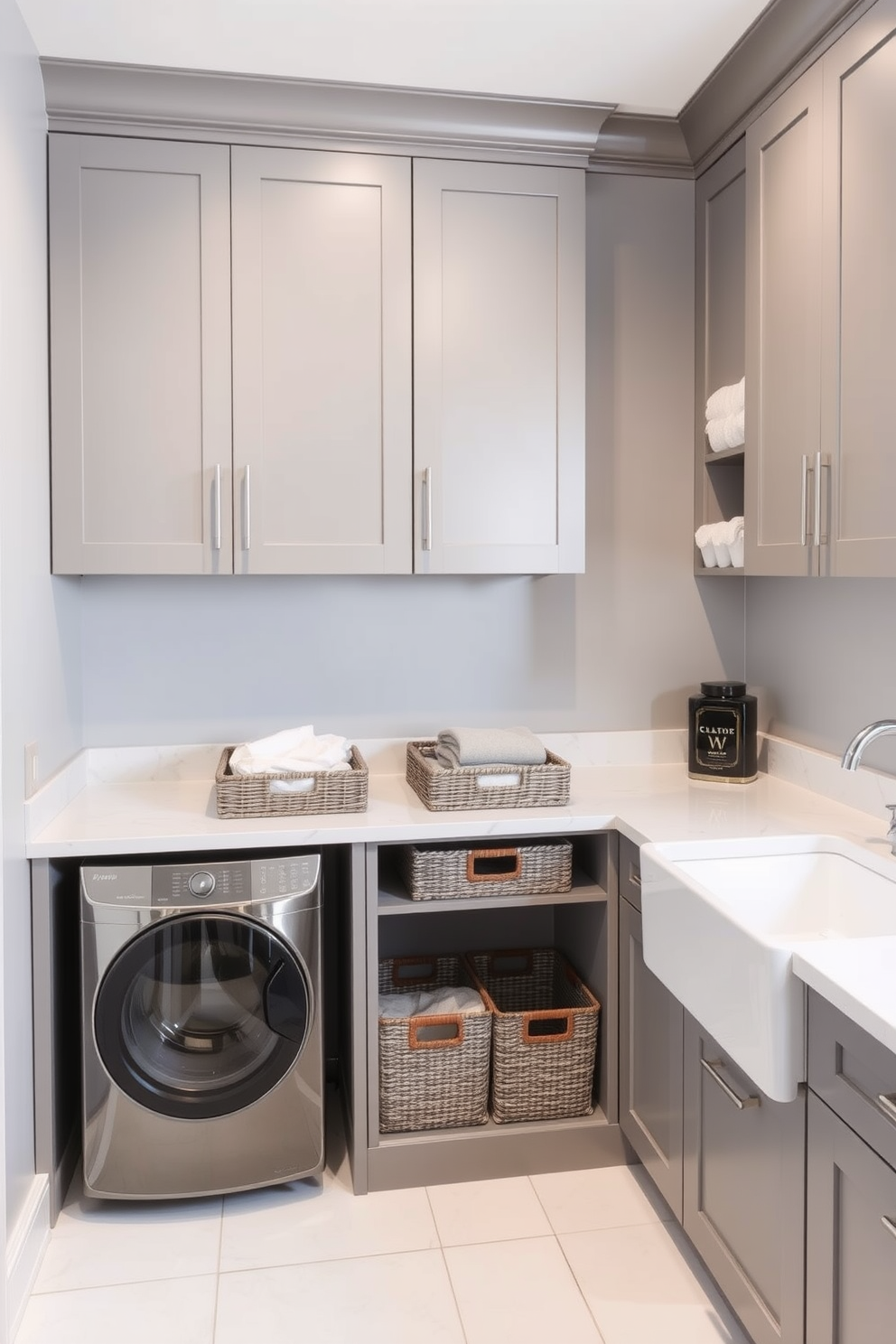 A functional laundry room with ample countertop space for sorting laundry. The room features built-in cabinets for storage, and a large sink for hand-washing delicate items.