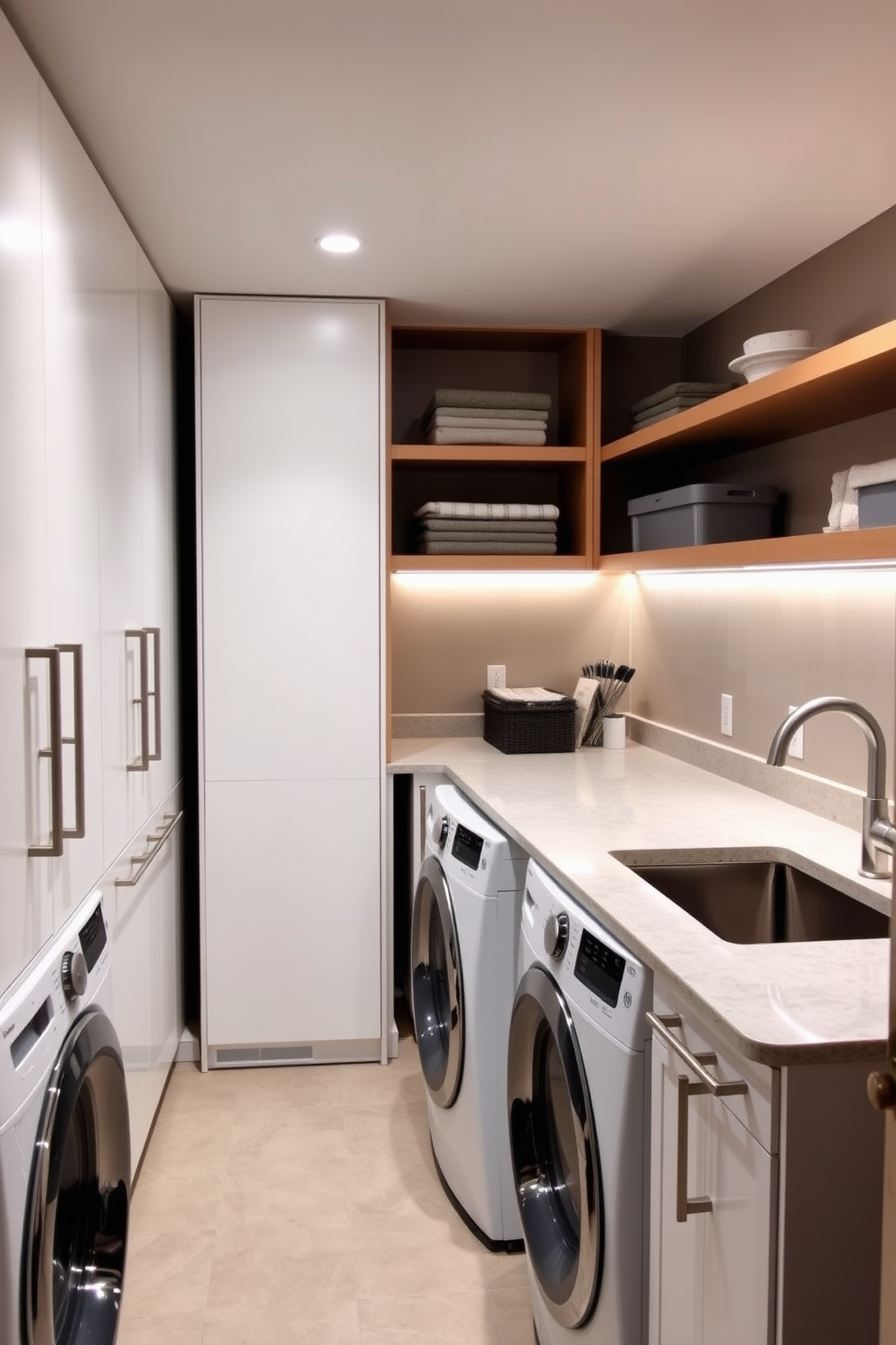 A modern laundry room in the basement features energy efficient appliances seamlessly integrated into the design. The cabinetry is a sleek white with brushed nickel handles, and the countertops are a durable quartz in a light grey hue. The space includes a large utility sink with a stylish faucet and ample storage for laundry essentials. Soft LED lighting illuminates the room, creating a bright and inviting atmosphere for chores.