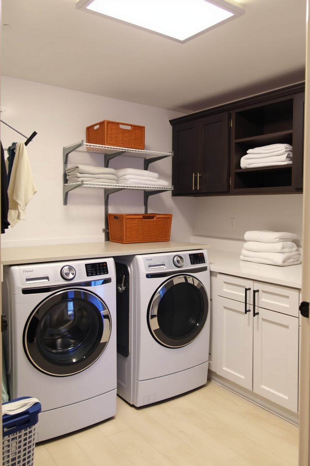 A functional laundry room designed for high traffic features durable flooring options such as luxury vinyl tiles or ceramic tiles that can withstand heavy use. The space includes ample storage solutions like built-in cabinets and a countertop for folding clothes, ensuring efficiency and organization. In the basement design, the layout maximizes space with an open concept that incorporates a laundry area seamlessly. Bright lighting and cheerful decor create an inviting atmosphere, making the basement a versatile and practical area for laundry and other activities.