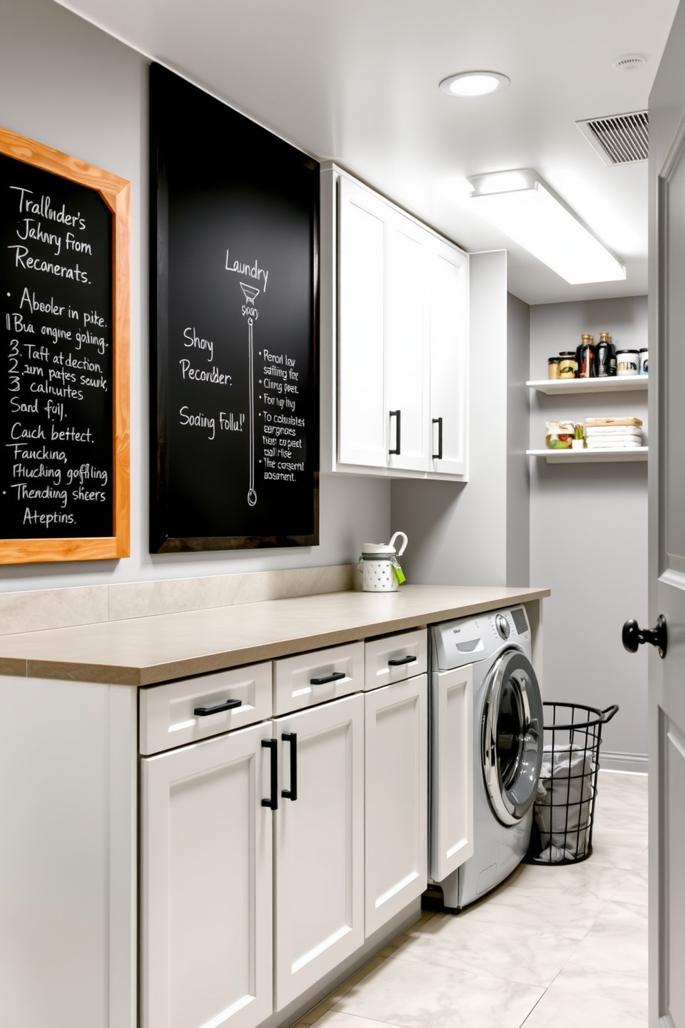 A functional laundry room in the basement featuring a large chalkboard mounted on the wall for reminders and notes. The space includes a spacious countertop for folding clothes and ample storage cabinets in a crisp white finish. The walls are painted a light gray to create an airy feel, while the floor is covered in durable vinyl tiles for easy cleaning. Bright overhead lighting illuminates the area, and a stylish laundry basket is placed in the corner for added convenience.