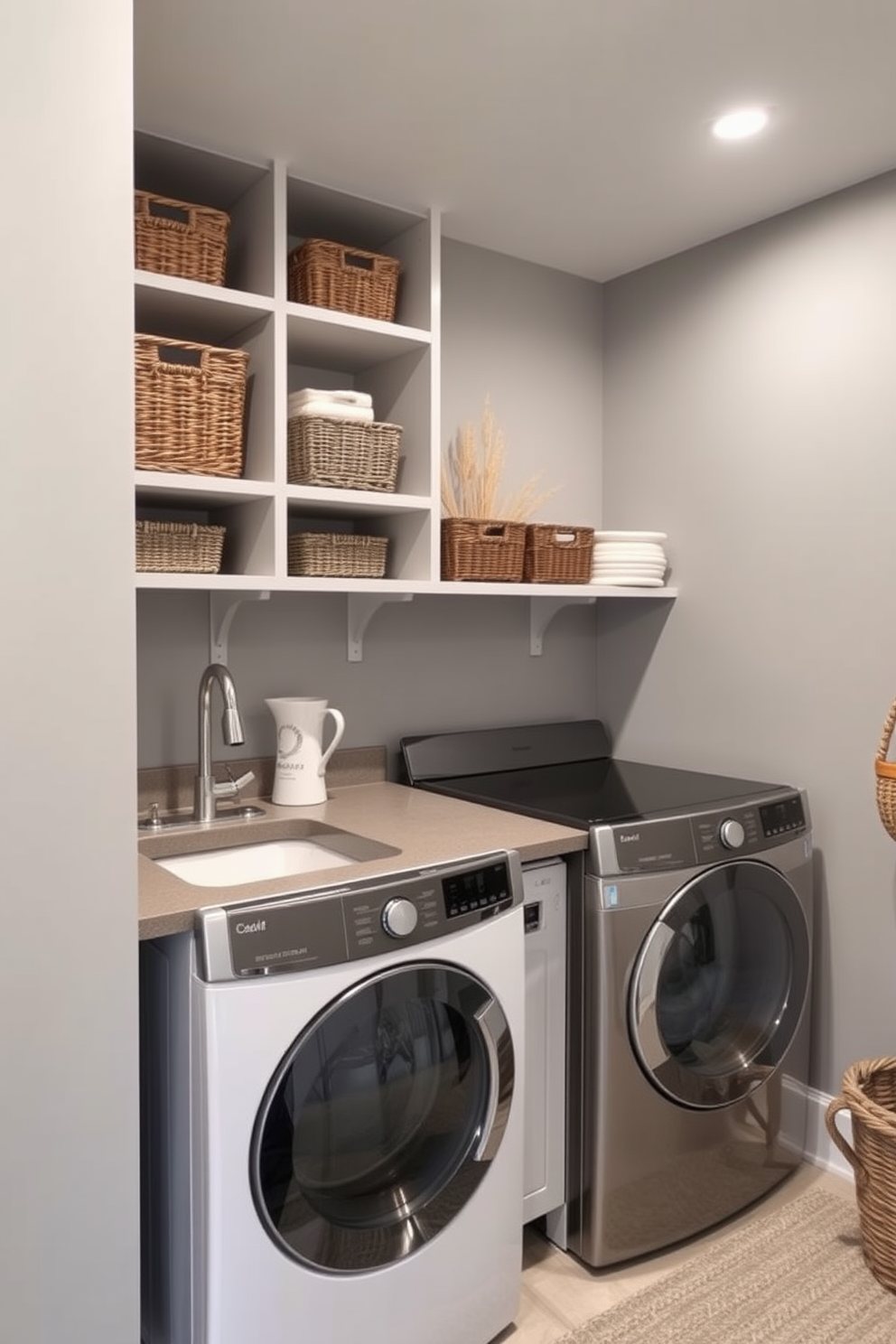 A modern laundry room featuring a sleek laundry chute for easy access from upstairs. The space includes ample cabinetry for storage and a stylish countertop for folding clothes. In the basement, the design incorporates a bright and airy feel with large windows. The area is equipped with functional appliances and organized shelving to maximize efficiency.