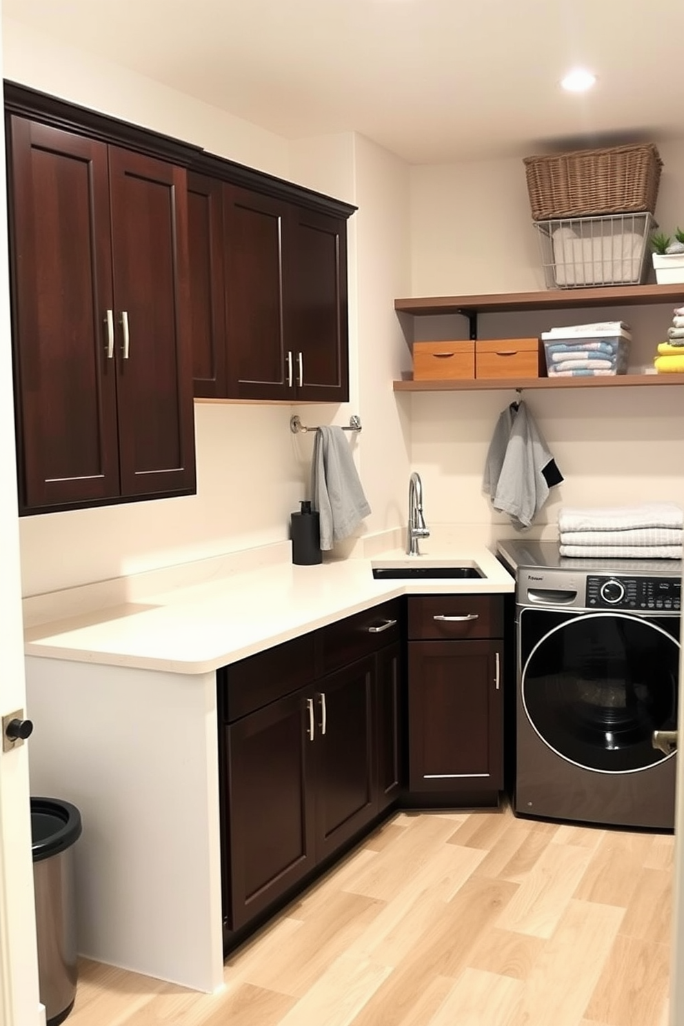 A stylish mudroom featuring built-in storage benches and hooks for coats and bags. The walls are painted a soft gray, and the floor is covered with durable, patterned tiles. A functional laundry room with a spacious countertop for folding clothes and a stackable washer and dryer. Bright white cabinetry provides ample storage, and a cheerful backsplash adds a pop of color. A cozy basement design that includes a comfortable seating area with plush sofas and a coffee table. Soft lighting creates an inviting atmosphere, while a small kitchenette provides convenience for entertaining.