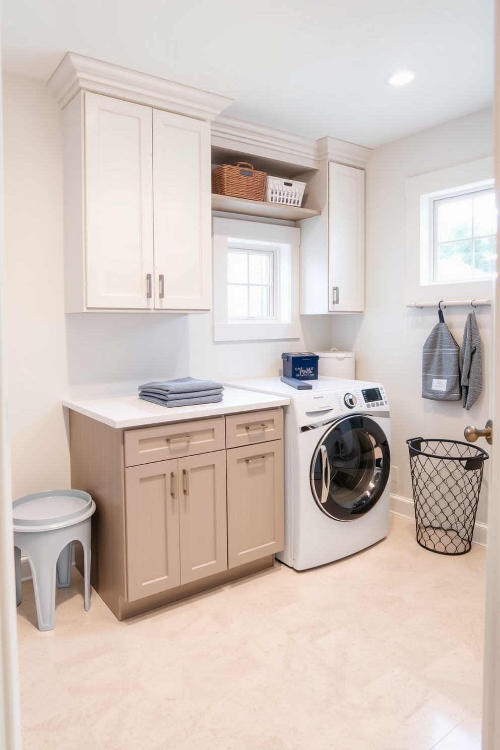 A stylish laundry room in the basement features bold geometric wallpaper that adds a modern touch. The space includes a sleek washer and dryer set with a countertop for folding clothes and ample storage cabinets above.