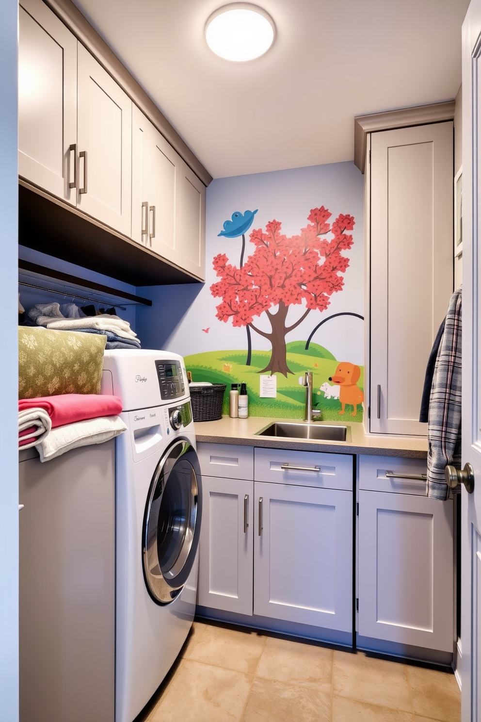 A bright and airy laundry room with natural light flooding in through large windows. The space features a sleek white countertop for folding clothes and ample storage cabinets in a soft gray finish. In the corner, a modern washer and dryer are neatly stacked, surrounded by open shelving for easy access to laundry supplies. The floor is covered in a durable, stylish tile that complements the overall design while being easy to clean.