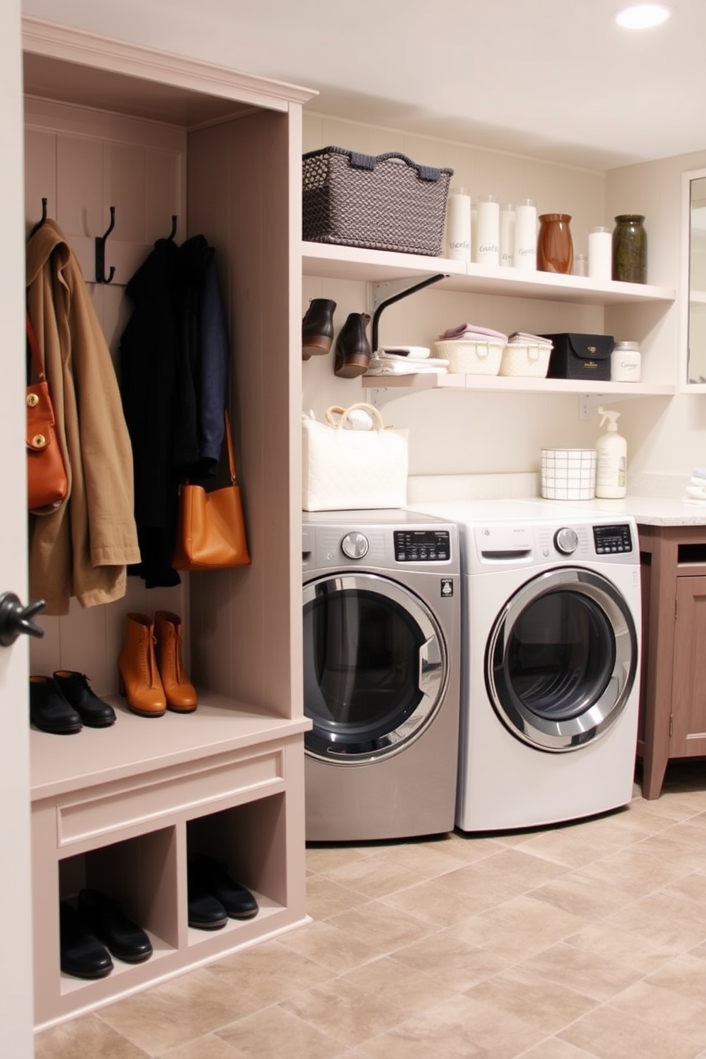 A stylish laundry room in the basement features painted brick walls in a soft pastel color creating a trendy and inviting atmosphere. The space includes a modern washer and dryer stacked for efficiency, with open shelving above for easy access to laundry essentials.