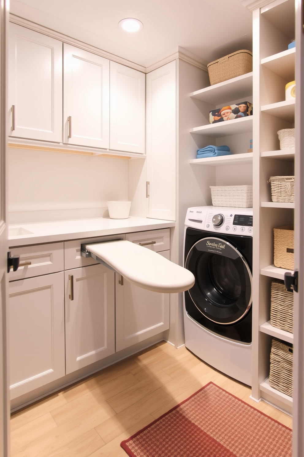 A functional laundry room in the basement features a built-in pull-out ironing board seamlessly integrated into the cabinetry. The space is designed with ample storage, including shelves and cabinets, in a light color palette to enhance brightness and create an inviting atmosphere.