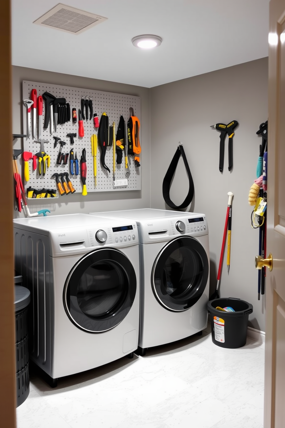 A functional laundry room in a basement featuring a pegboard for tool organization. The walls are painted in a soft gray, and the floor is covered with durable vinyl tiles for easy cleaning.