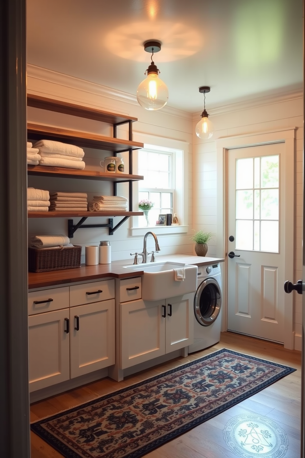 A charming laundry room in a basement features a farmhouse sink with a vintage faucet. The cabinetry is painted in soft white, complemented by rustic wooden shelves displaying neatly folded towels and laundry essentials. The space is illuminated by warm pendant lights hanging from the ceiling, creating a cozy atmosphere. A patterned rug adds a touch of color to the floor, while a large window allows natural light to brighten the room.