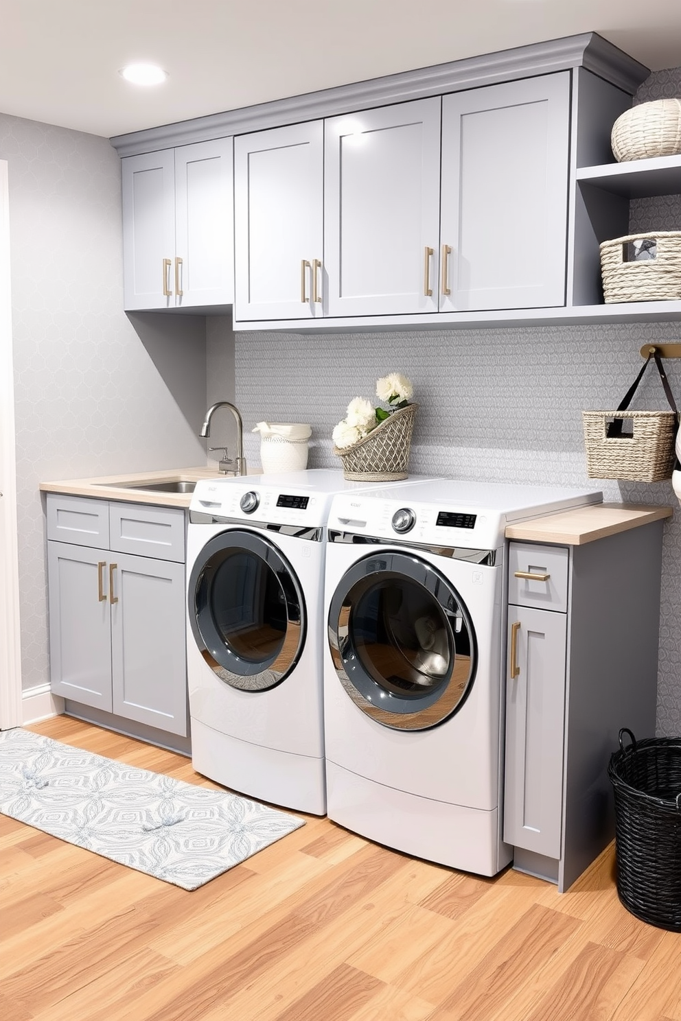 A modern laundry room in a basement featuring a sleek design with a mix of light gray and soft blue hues. The space includes a large white washer and dryer set, surrounded by custom cabinetry for storage, and a stylish countertop for folding clothes. The walls are adorned with a subtle patterned wallpaper that complements the color scheme, while the floor is finished with durable vinyl planks in a warm wood tone. A functional utility sink is positioned next to the appliances, and decorative baskets are neatly arranged on the shelves for organization.