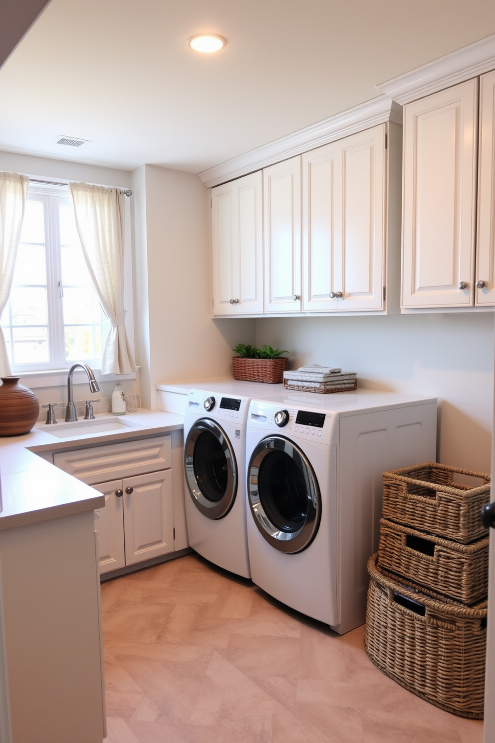 A cozy laundry room in the basement featuring light-colored walls and ample natural light. There are built-in cabinets for storage, and a large countertop for folding clothes, complemented by a stylish sink. Soft curtains frame the window, adding a warm and inviting atmosphere. The floor is tiled with a durable material, and decorative baskets are neatly arranged for organization.