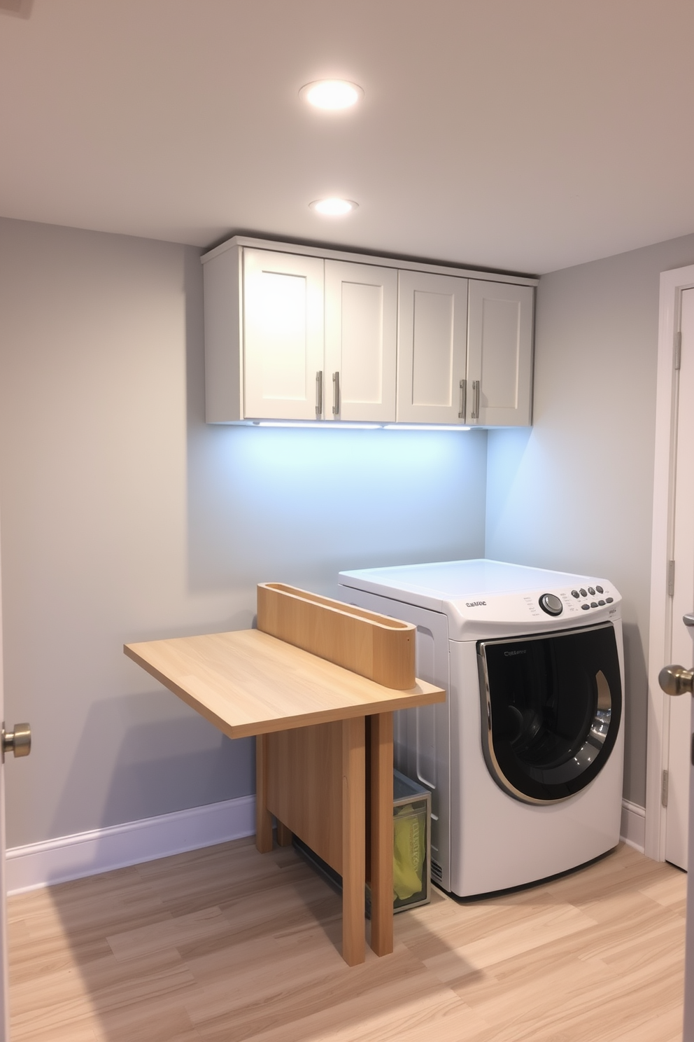 A functional laundry room in the basement designed for easy organization features personalized labels on all storage bins and shelves. The space includes a large countertop for folding clothes and a stylish washing machine and dryer set stacked for optimal use of space.