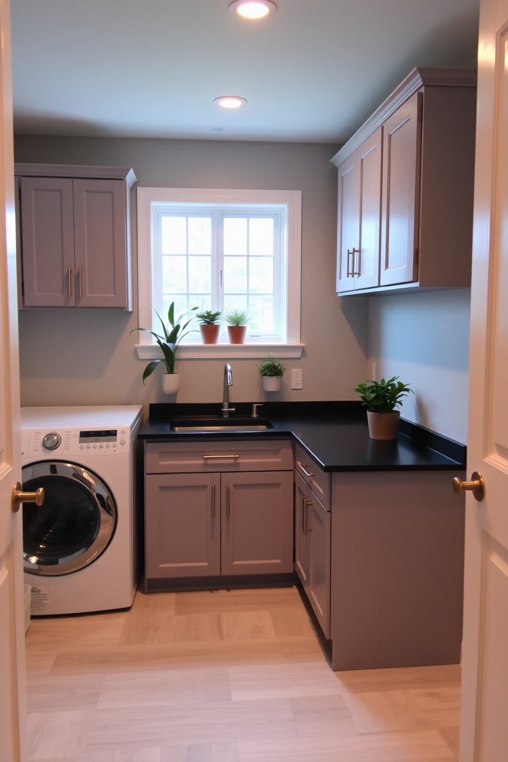 A functional laundry room in a basement setting. This space features a large utility sink with a sleek countertop, surrounded by cabinets for ample storage. The walls are painted in a soft gray, and the floor is covered with durable vinyl planks for easy maintenance. Potted plants are placed on the windowsill and in the corners, adding a touch of nature to the room.