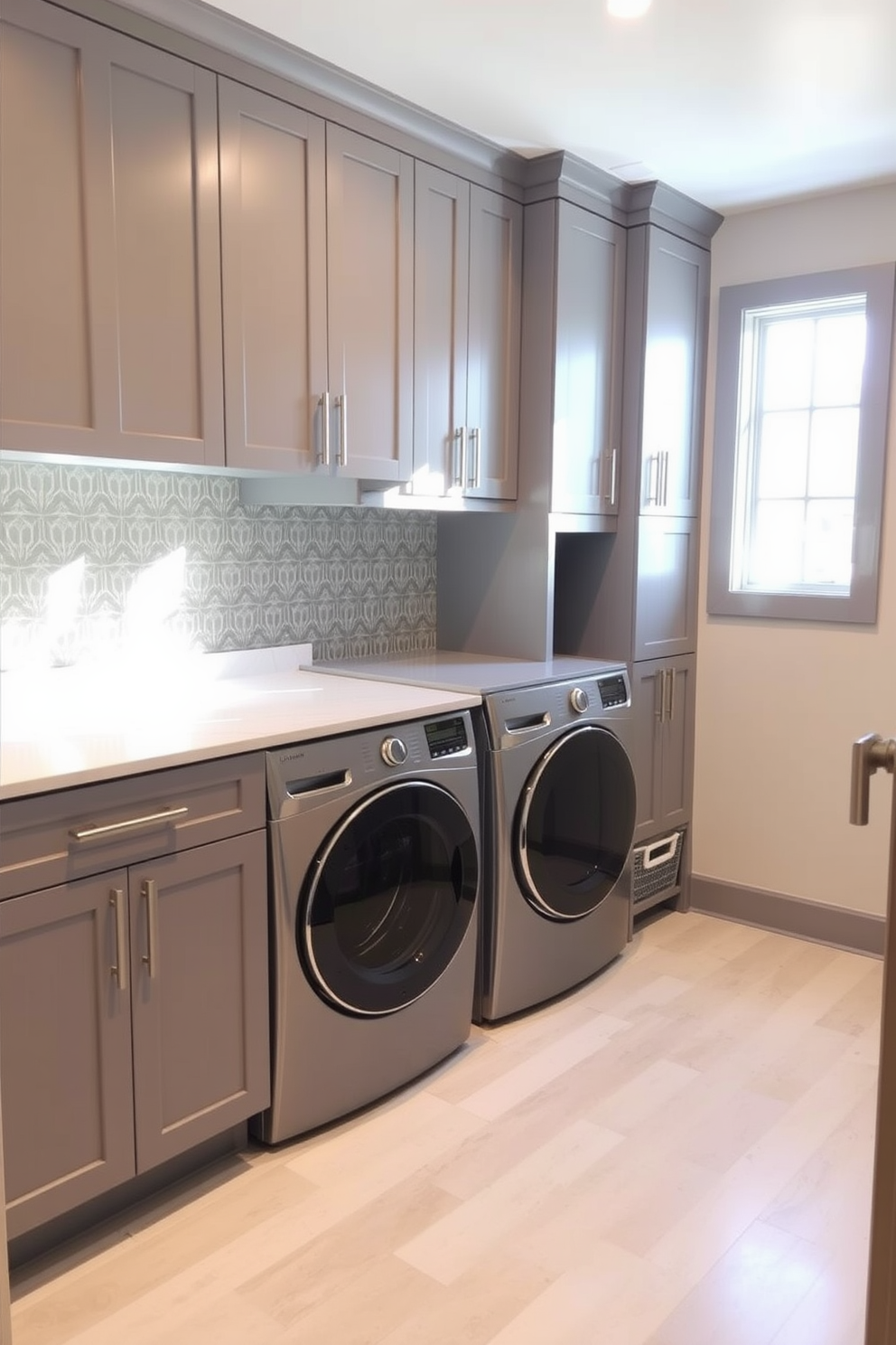 A modern laundry room in a basement setting features sleek cabinetry in a soft gray finish, providing ample storage. The countertop is a polished white quartz, and a stylish backsplash in a geometric pattern adds visual interest above the washer and dryer. Natural light filters in through a small window, illuminating the space and creating a bright atmosphere. A built-in folding station is situated next to the appliances, with decorative baskets neatly organized underneath.