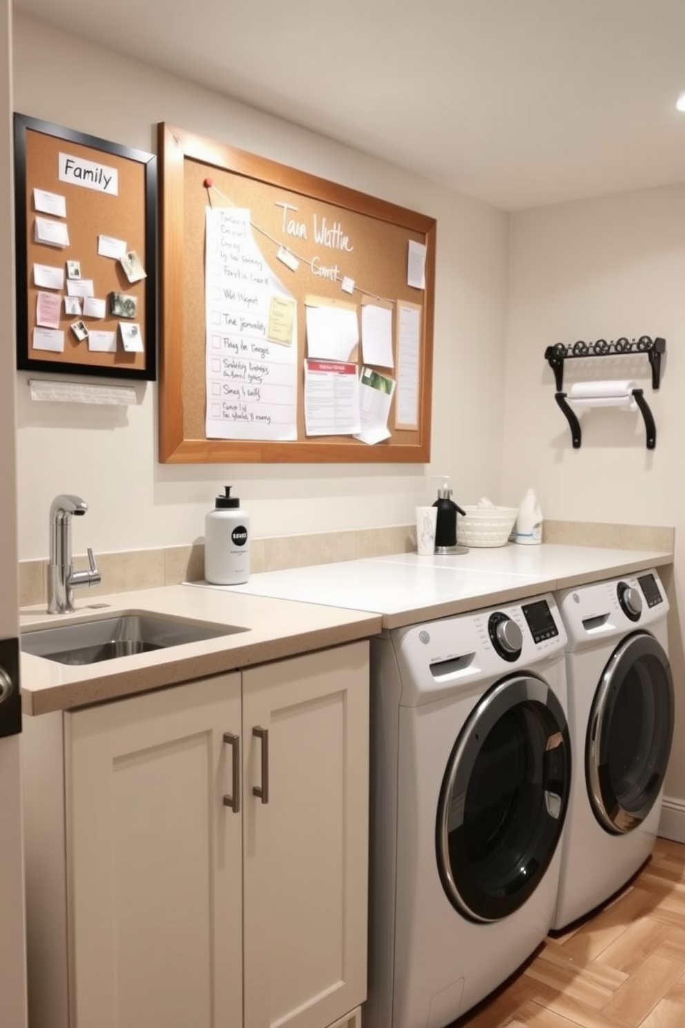 A functional laundry room in the basement featuring a large bulletin board mounted on the wall for family notes and reminders. The space includes a modern washer and dryer set, surrounded by ample countertop space for folding clothes and organizing laundry supplies.