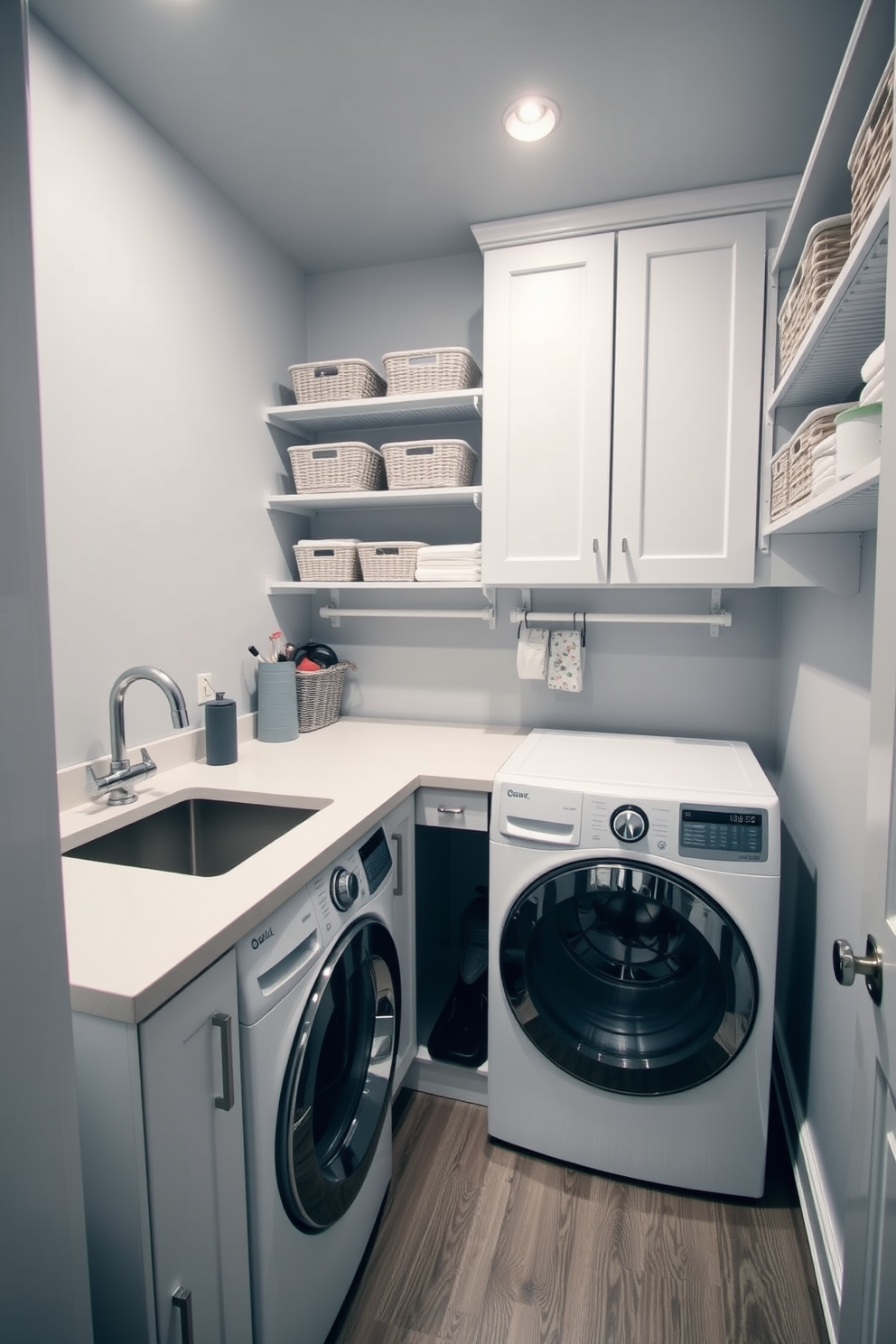 A modern laundry room in a basement featuring a spacious utility sink for convenience. The walls are painted in a soft gray tone, and the floor is covered with durable vinyl tiles in a wood pattern. A large countertop extends above the washer and dryer, providing ample space for sorting and folding laundry. Shelving units on the walls are filled with neatly organized baskets and supplies, creating an efficient and functional workspace.