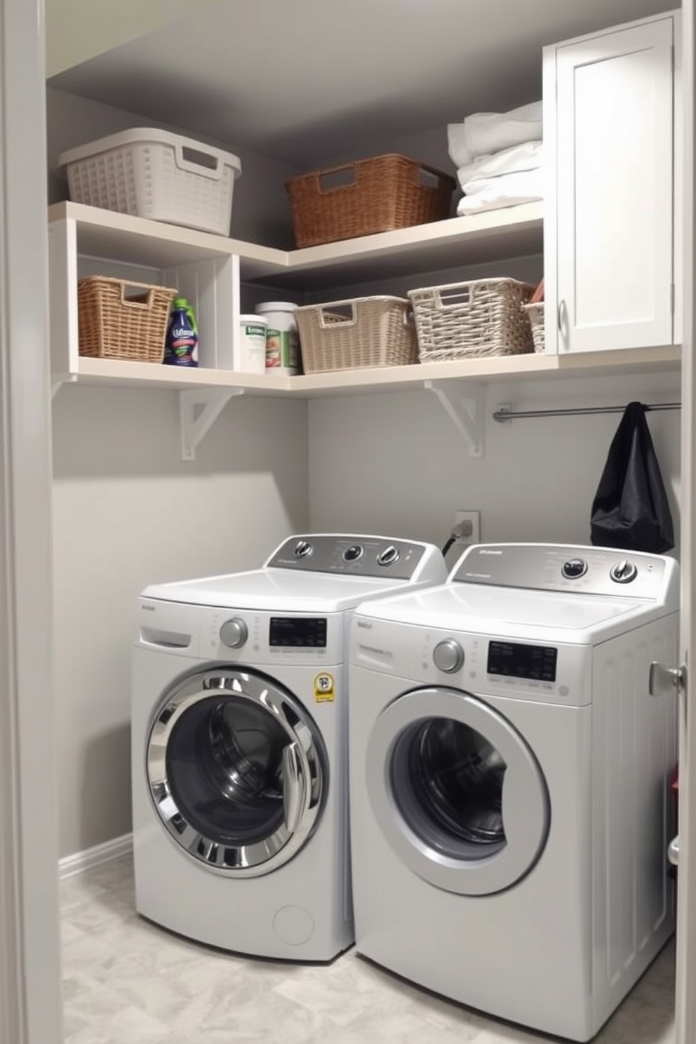 A functional laundry sink is installed in a spacious laundry room designed for convenience. The room features ample storage with built-in cabinets and a countertop for folding clothes, all in a bright and airy color scheme. The basement laundry area is equipped with modern appliances, including a washer and dryer side by side. Soft lighting illuminates the space, creating a welcoming atmosphere for laundry tasks.