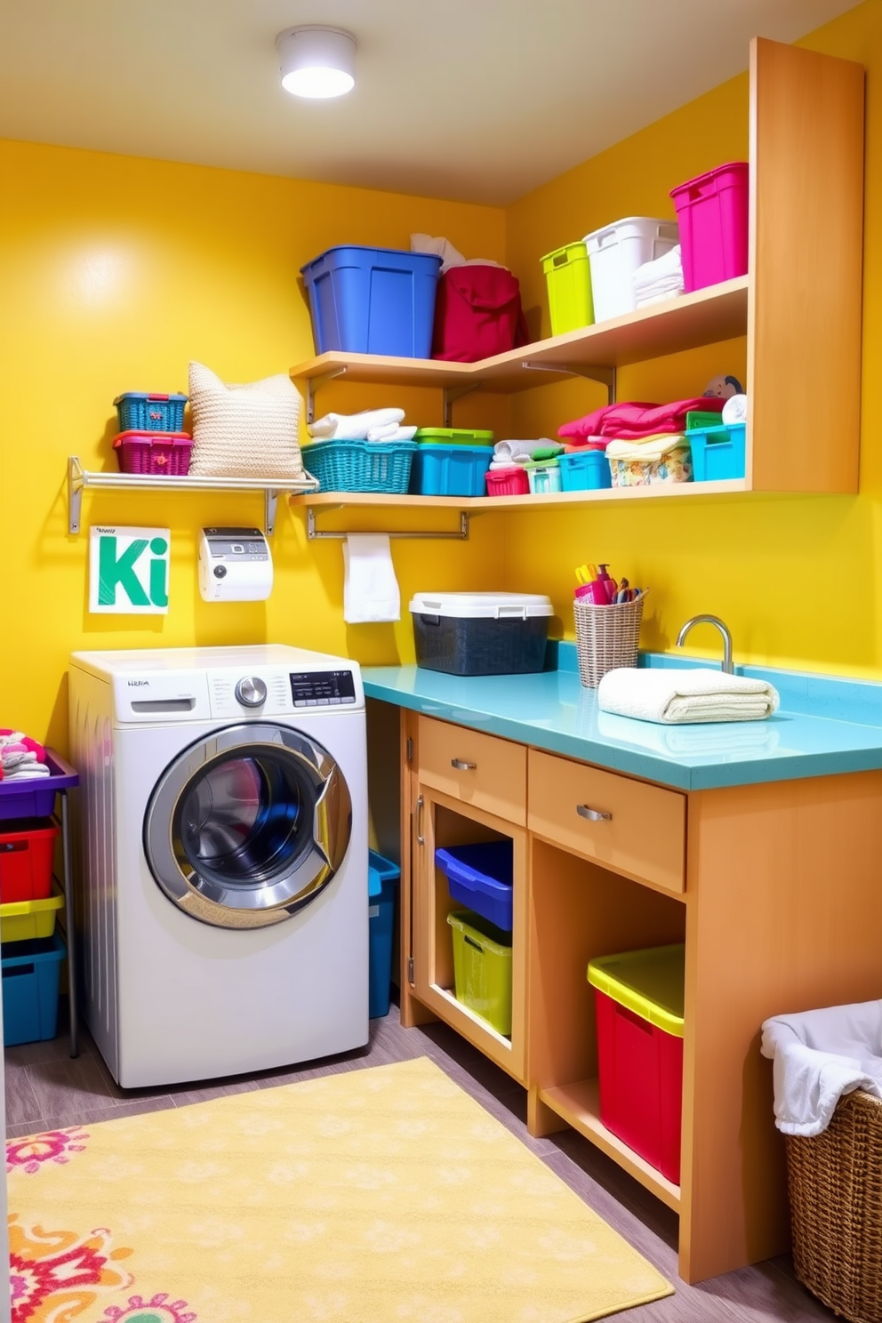 A vibrant laundry room in the basement features bright yellow walls that evoke a cheerful atmosphere. The space includes a modern washer and dryer set with a sleek white finish, surrounded by colorful storage bins and a cheerful patterned rug. The countertop is made of a durable quartz material in a lively turquoise hue, providing ample workspace for folding laundry. Above the countertop, open shelving displays neatly organized laundry essentials in a variety of bright colors, adding to the overall joyful design.