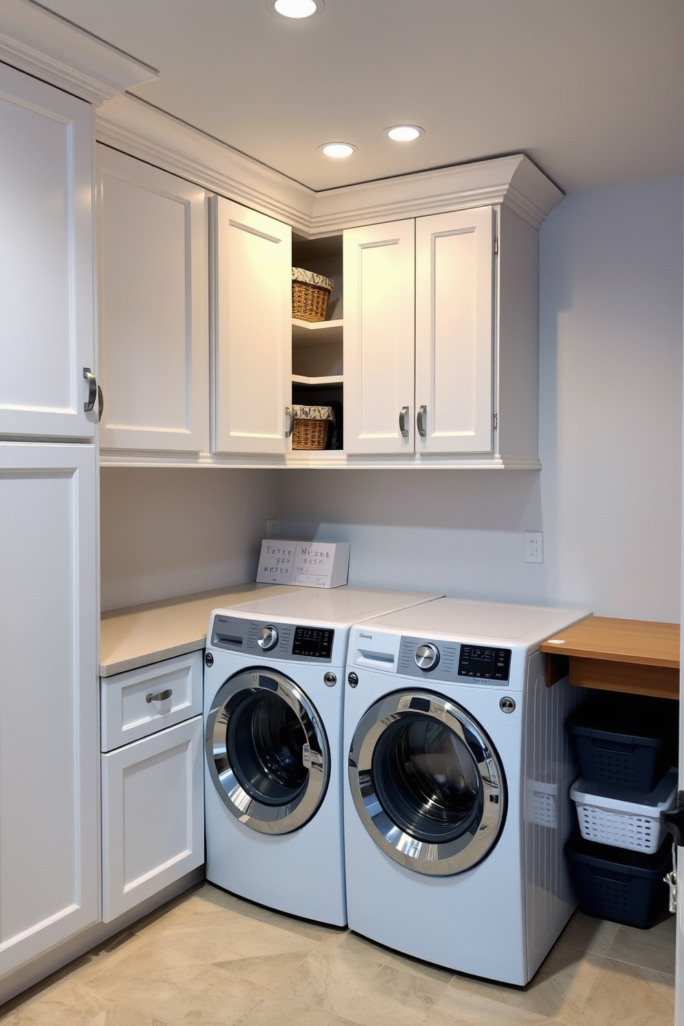 A functional laundry room in the basement features a small desk for multitasking. The space includes built-in cabinets with a clean white finish and a countertop for folding clothes. A modern washing machine and dryer are placed side by side, surrounded by organized storage bins. Soft, ambient lighting illuminates the area, creating a warm and inviting atmosphere.