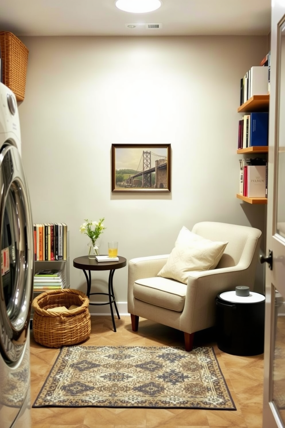 A functional laundry room in the basement featuring decorative baskets for organized storage. The walls are painted in a soft gray, and the floor is covered with durable vinyl tiles that mimic wood.