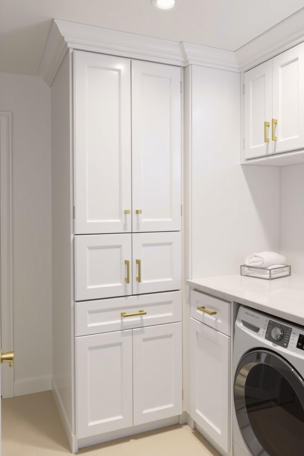 A modern laundry room featuring sleek white cabinets with open shelving that showcases neatly folded towels and decorative storage baskets. The space is brightened by natural light streaming in through a window, highlighting the clean lines and minimalist aesthetic of the cabinetry.